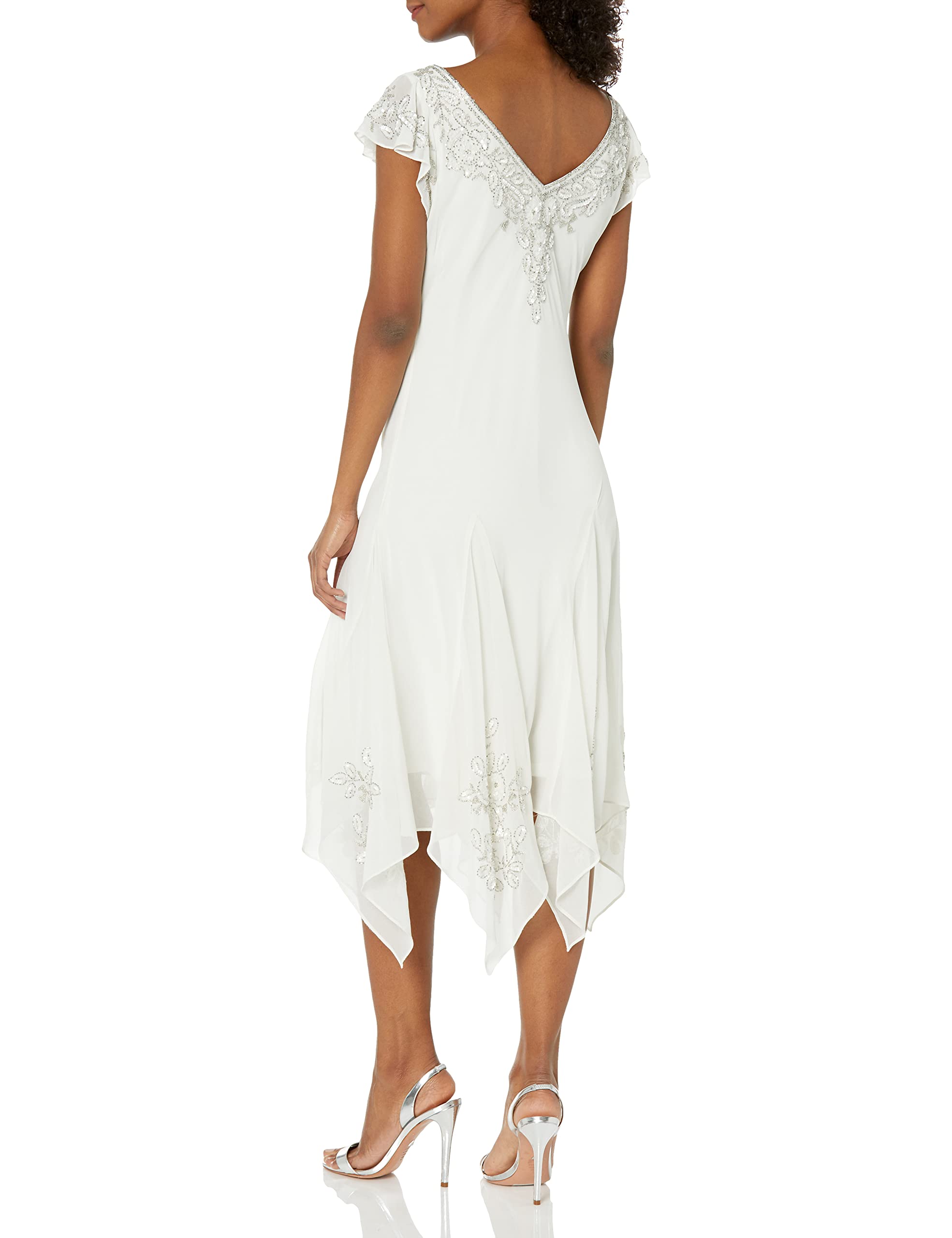 J Kara Women's Plus Size Petite Flutter Sleeve Hanky Hem Short Cocktail Beaded Dress - Elegant Party Wear for Weddings, Evening Events & Special Occasions