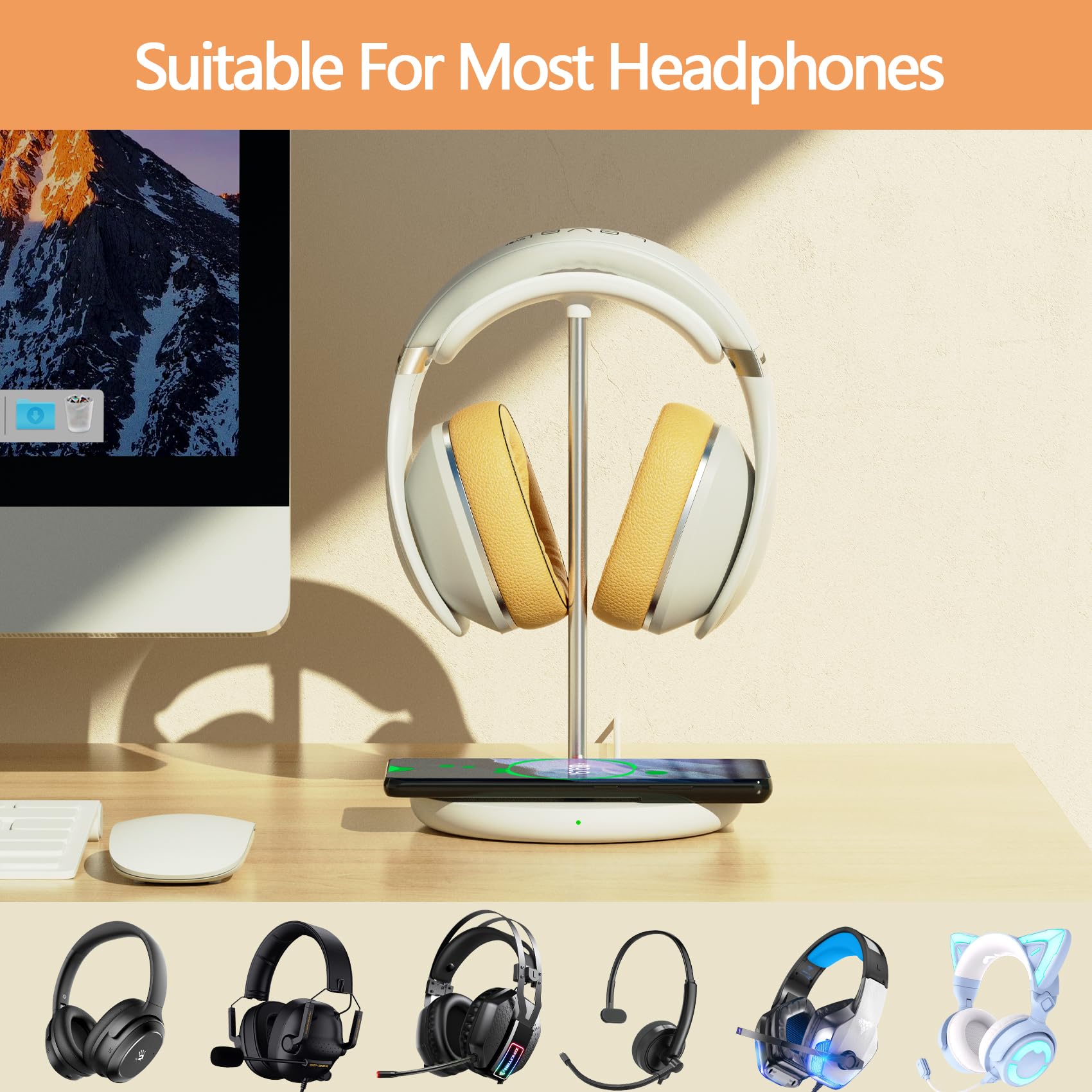 2-in-1 Wireless Charging Headphone Stand - Universal Gaming Headset Holder & Phone Charging Dock for iPhone 15/14/13/12/11, Samsung Galaxy, AirPods Pro/3/2 - Perfect Desk Organizer for Gamers & Office Workers (White)