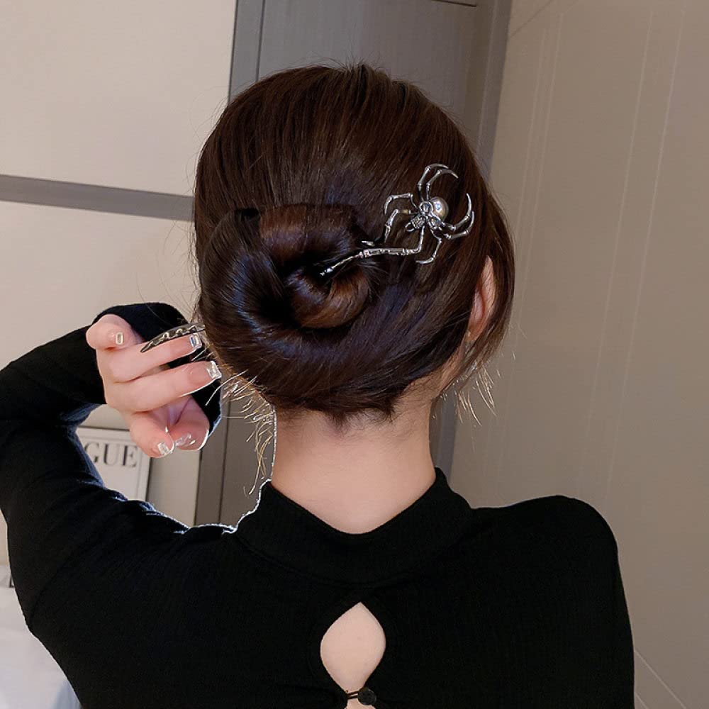 Spider Skull Hair Sticks - Gothic Metal Hair Pins for Women's Buns | Halloween Hair Accessories