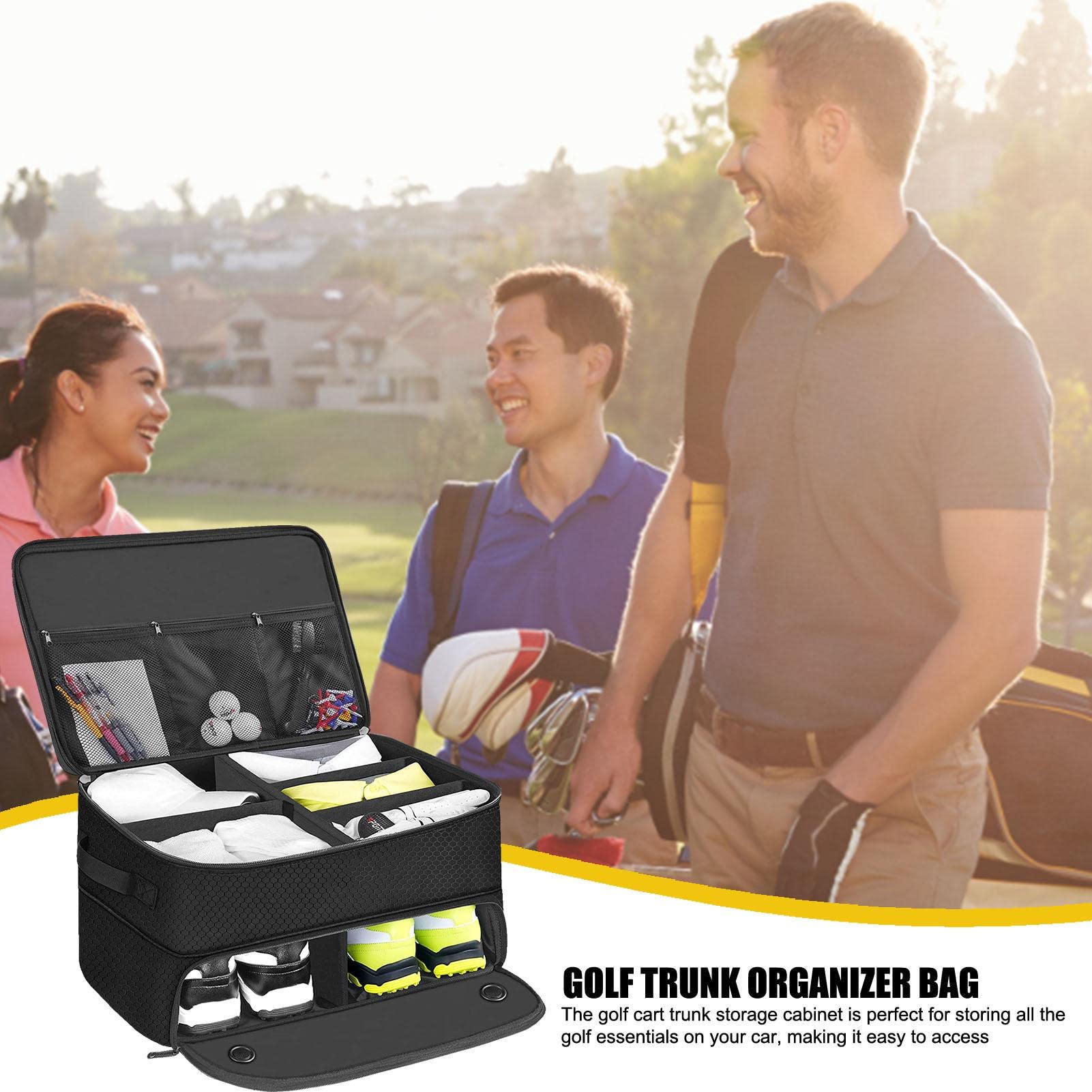 2 Layers Golf Trunk Organizer - Expandable Car Storage with Waterproof Golf Bag & Ventilation Compartments | Perfect for Golf Gear Organization & Travel Accessories Storage