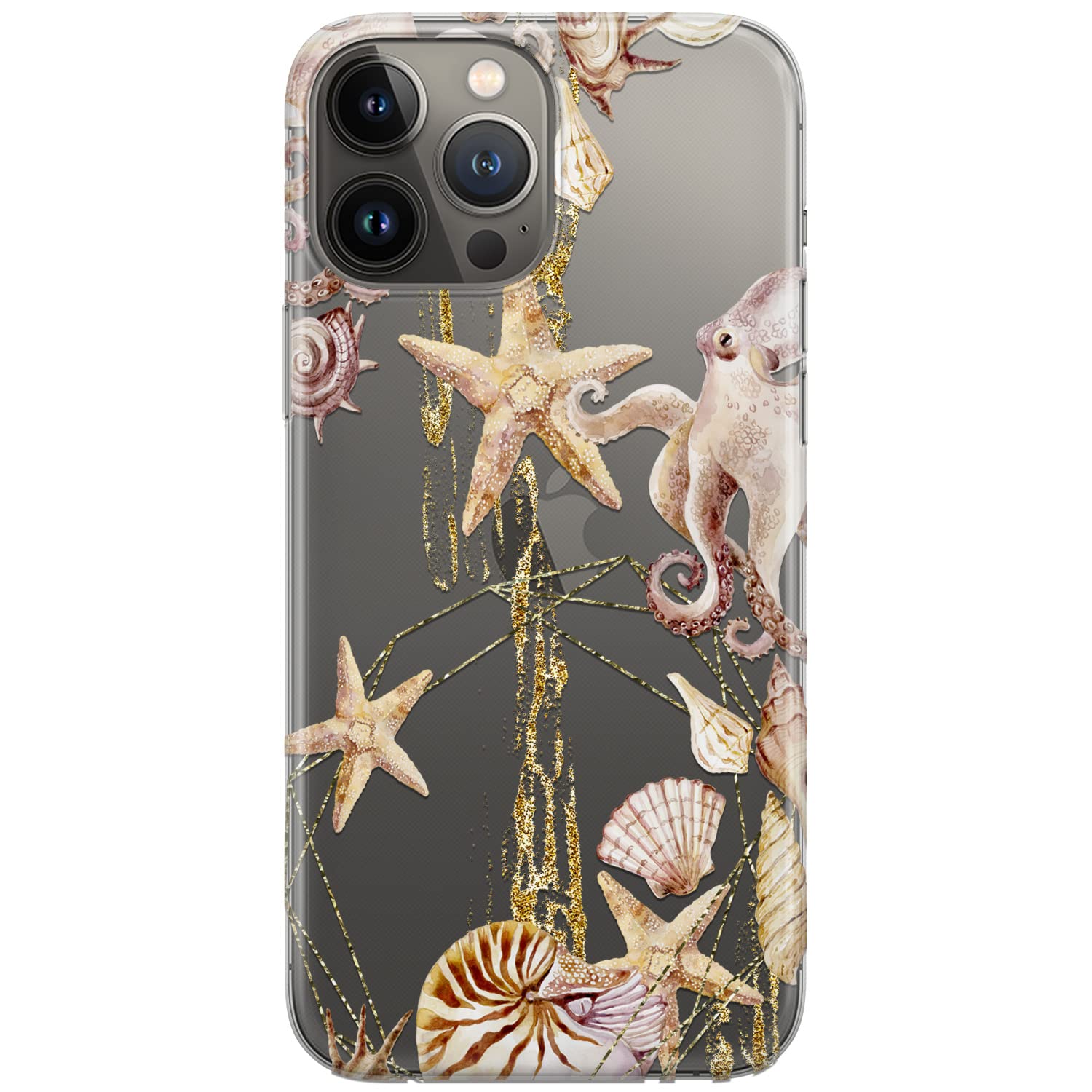 Premium Luxury Nautical Print Silicone Phone Case for iPhone 15 Plus/14/13 Pro Max/12 Mini/SE/11/Xr/Xs/8/7 - Durable Octopus Beach Design with Glitter & Transparent Sea Accents - Perfect for Coastal Vacations, Summer Travel & Everyday Protection