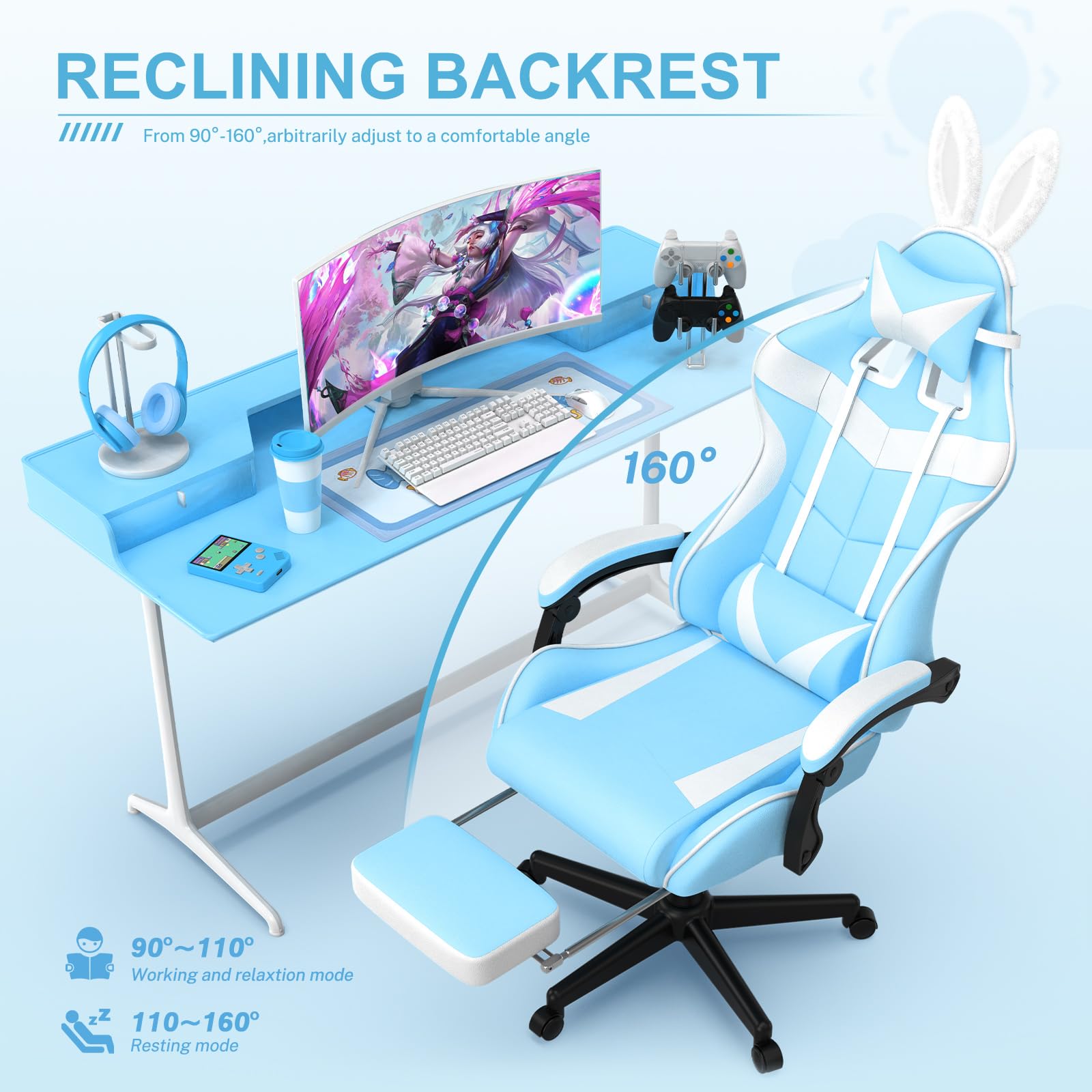 Soontrans Light Blue Gaming Chair with Adjustable Footrest - Cute Bunny Design Ergonomic Computer Chair for Girls, Teens & Women - Perfect for Gaming, Studying & Office Work
