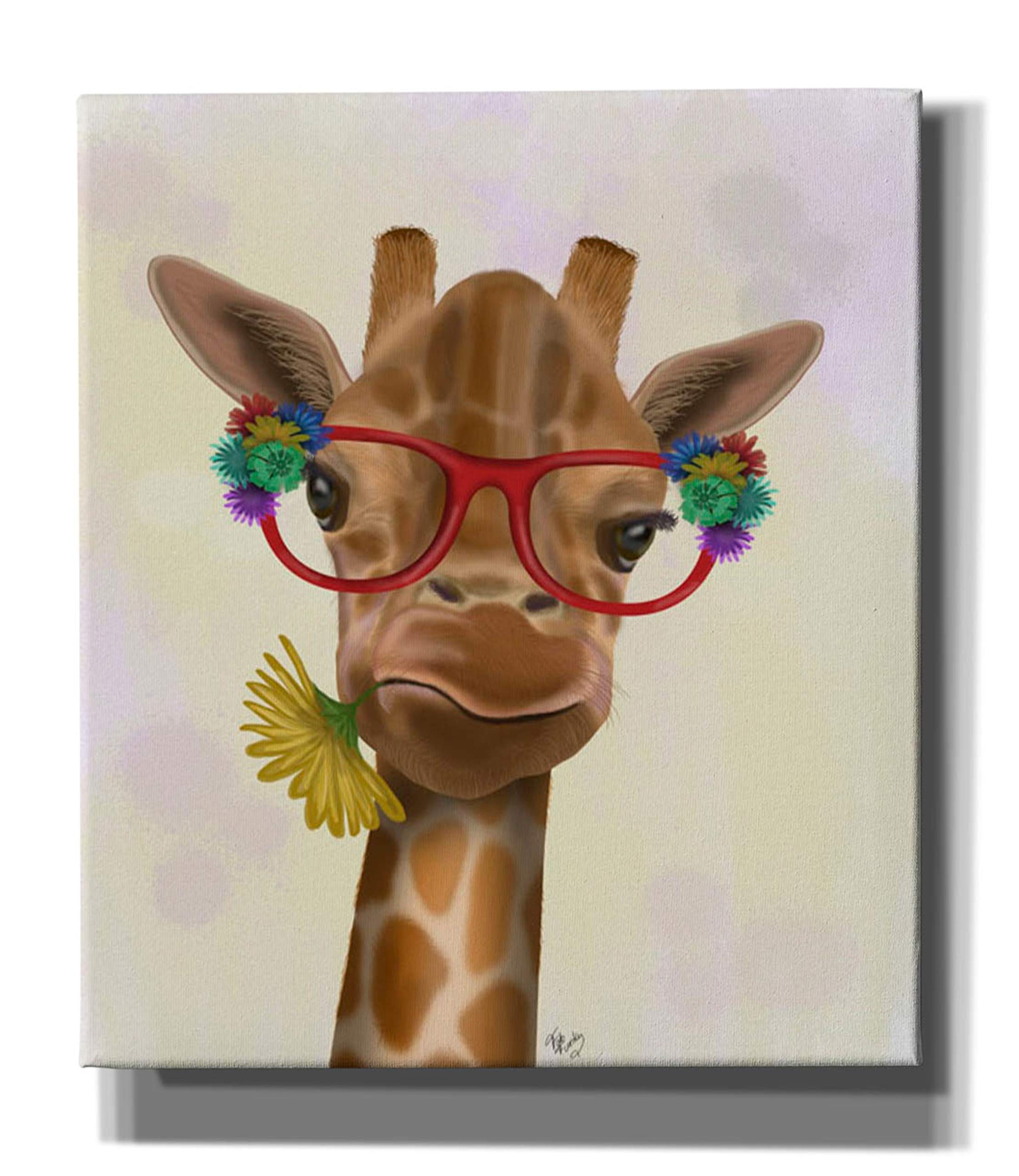 Epic Graffiti 'Giraffe and Flower Glasses 3' by Fab Funky - Modern Canvas Wall Art Print 26x30 Inches - Vibrant Home Decor for Living Room, Bedroom & Office
