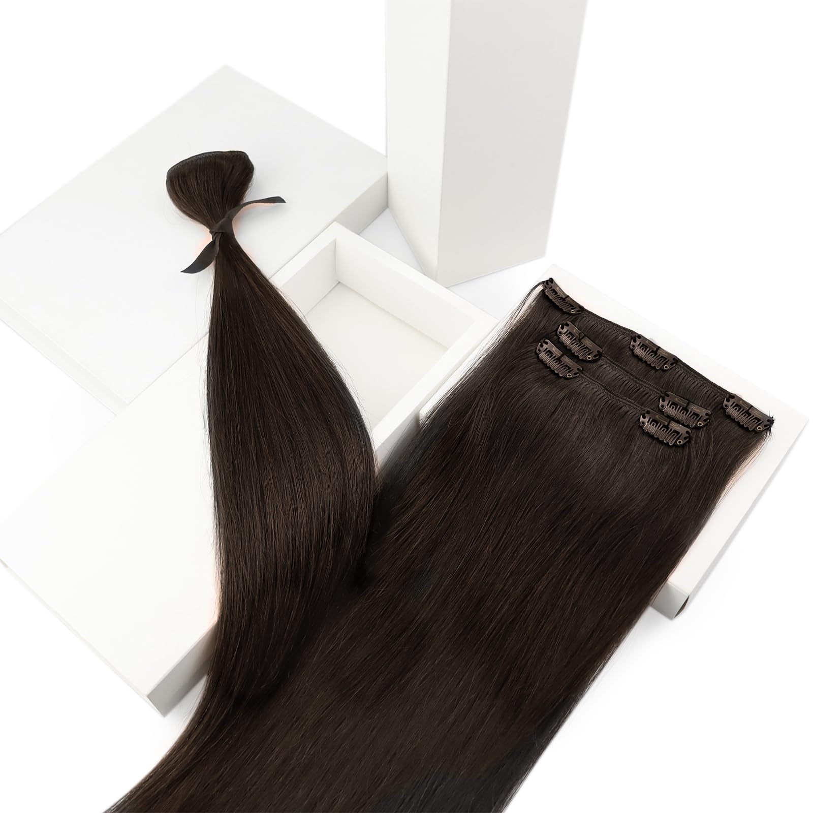 Ve Sunny Clip-in Human Hair Extensions Dark Brown 22inch 120g 7pcs - Remy Human Hair Weft for Wedding, Party & Daily Styling - Natural Looking Darkest Brown Hair Extensions for Volume & Length