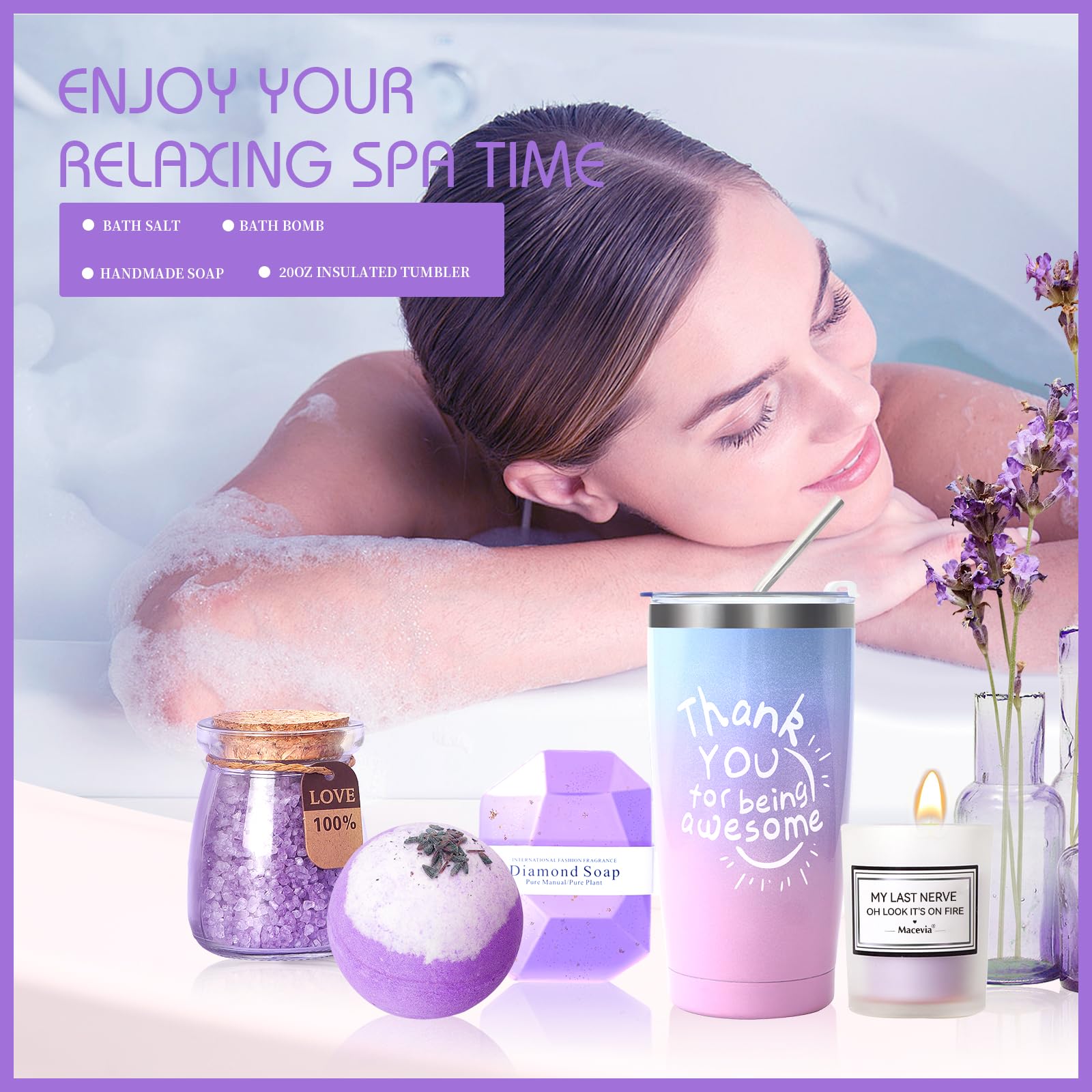 Lavender Spa Gift Basket Set for Women - Relaxing Birthday Gifts for Her, Mom, Sister, Wife, Girlfriend or Coworker | Unique Thank You Present with Aromatherapy Essentials | Perfect for Self-Care, Stress Relief & Special Occasions