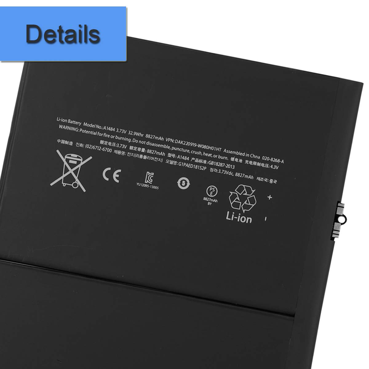 High-Capacity Li-Polymer Replacement Battery A1484 6712-6700 - Compatible with Apple iPad Air A1475/A1474, iPad 5th/6th/7th/8th/9th Gen 9.7