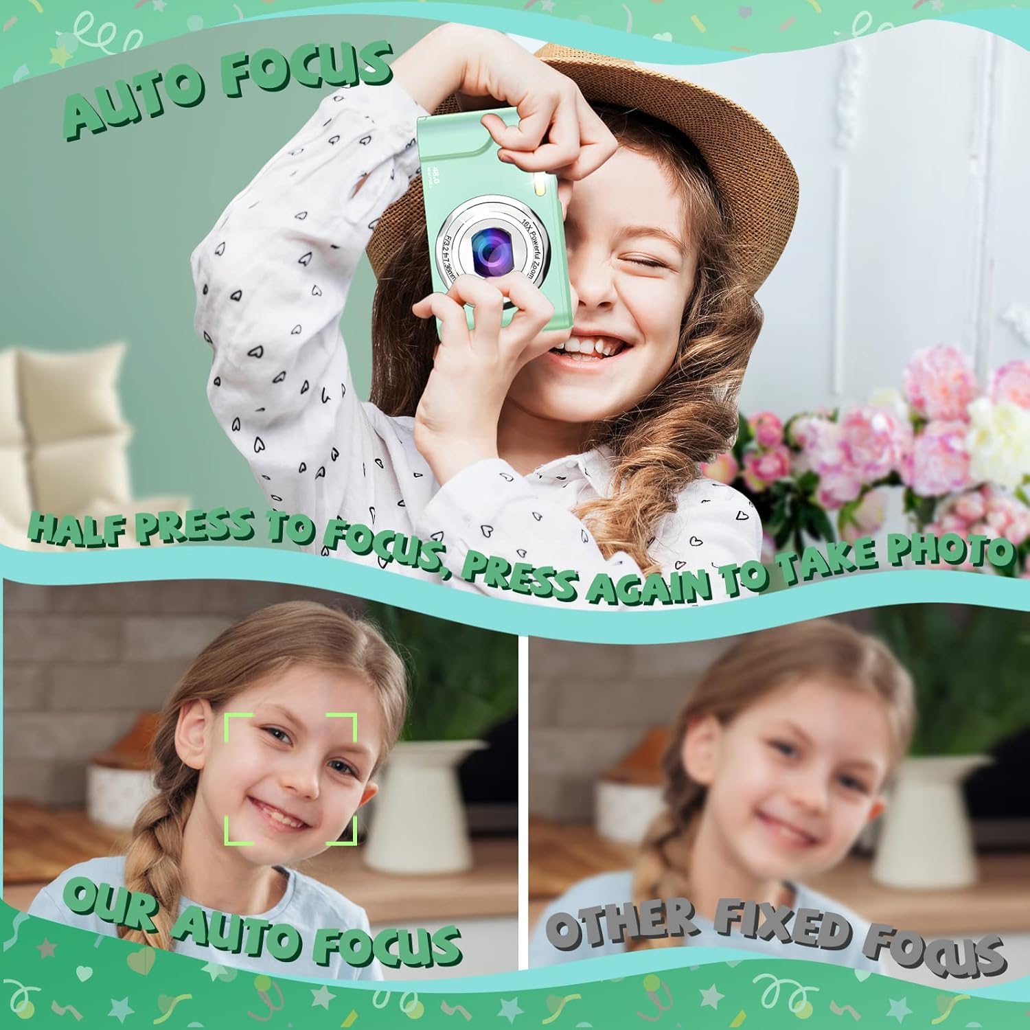 FamBrow 48MP Digital Camera with Autofocus, 1080P FHD Video & 16X Zoom - Compact Vlogging Camera for Teens, Kids, Adults & Beginners (Green) - Perfect for Travel, YouTube Videos & Everyday Photography