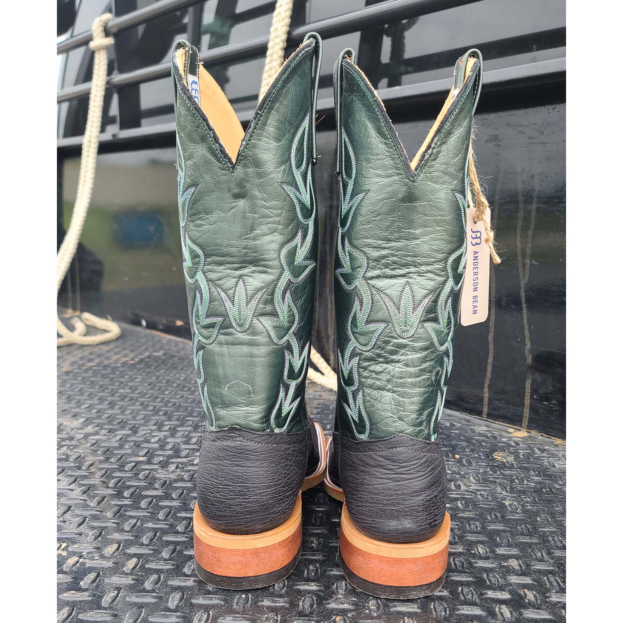 Anderson Bean Men's Black & Green Oiled Shark Leather Cowboy Boots - Durable Western Boots for Riding, Work & Country Style Fashion