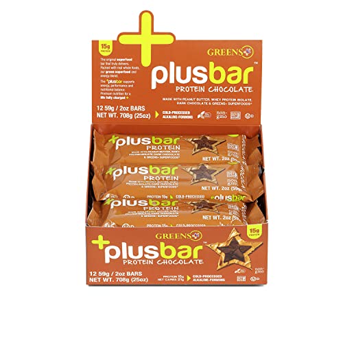 Greens+ Plusbar Protein Chocolate Bar - Gluten Free Whey Protein Snack with Organic Greens & Dark Chocolate | Non-GMO, 12 Pack | Perfect for Post-Workout Recovery & Healthy On-the-Go Snacking