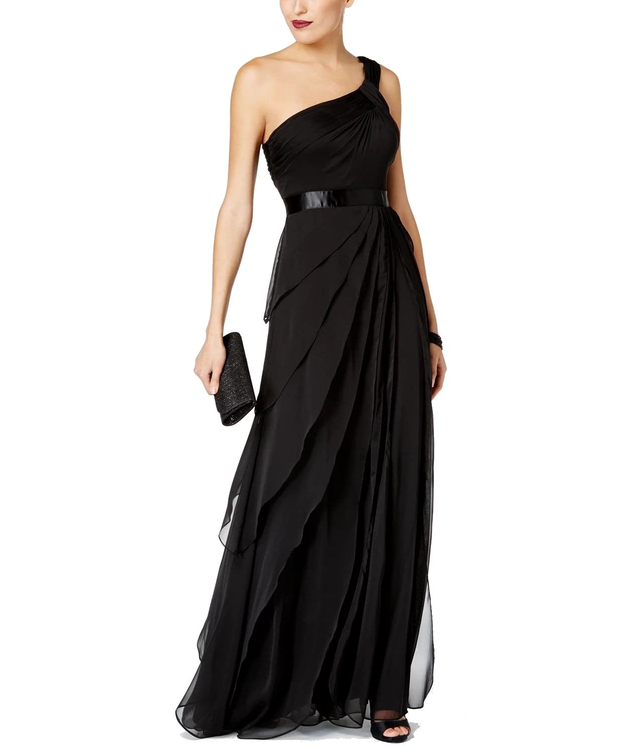 Adrianna Papell Women's Draped One Shoulder Chiffon Flutter Dress - Elegant Black Evening Gown for Cocktail Parties, Weddings & Special Occasions