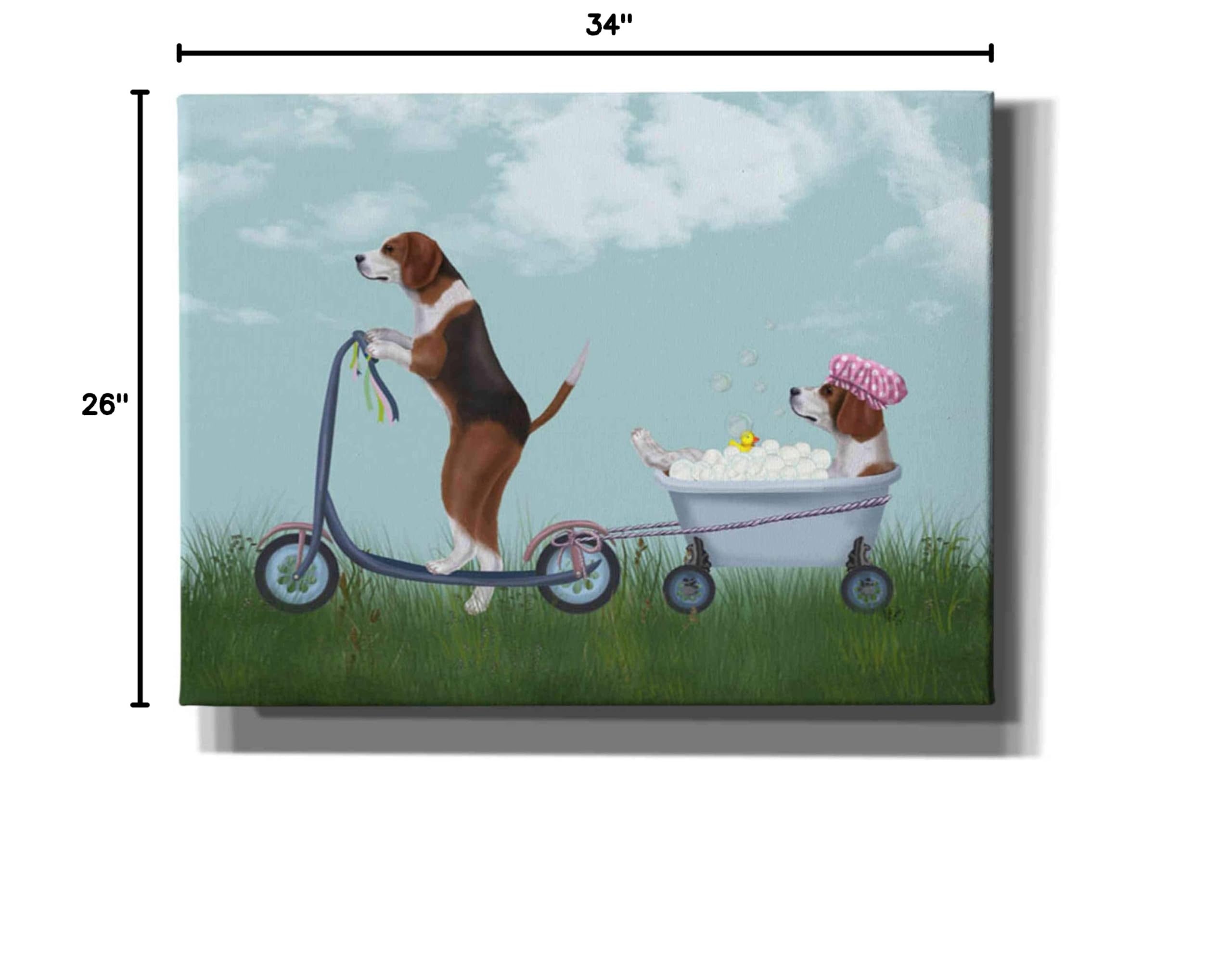 Fab Funky Canvas Wall Art - Beagle Scooter Dog Painting, 34x26 Inch Modern Home Decor for Living Room, Bedroom & Office