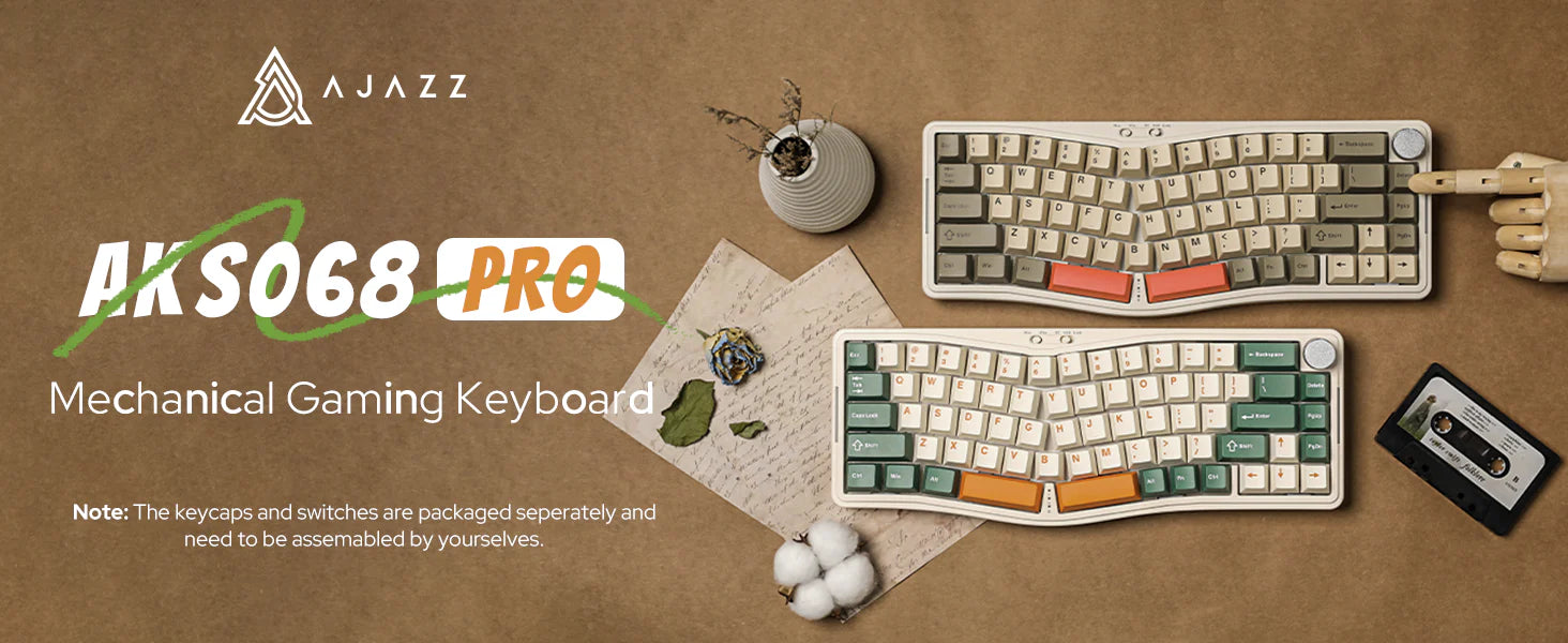 Ajazz AKS068Pro Retro Grey Mechanical Keyboard - RGB Backlit, Wired & Wireless, Sea Salt Switch - Perfect for Gaming, Typing & Office Work