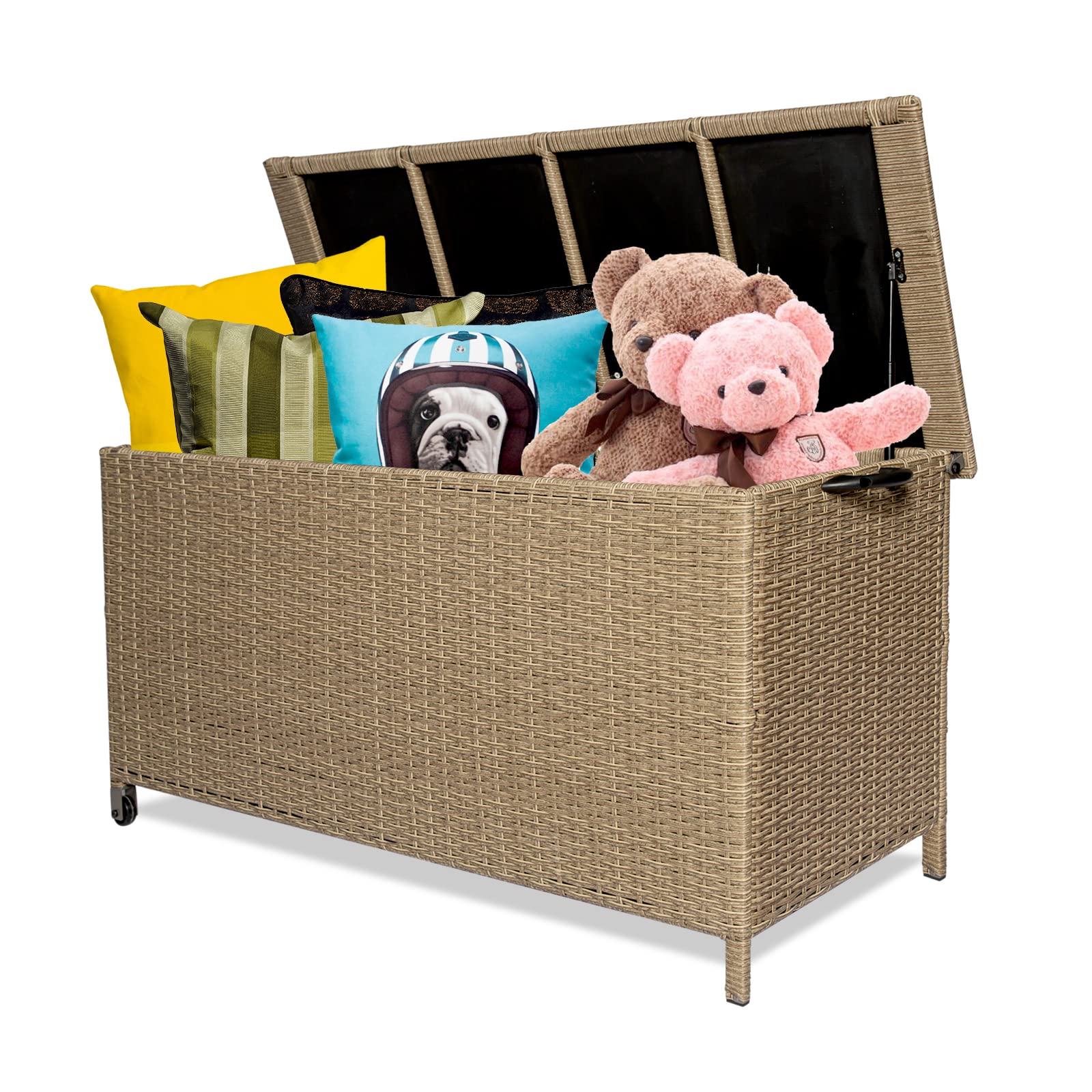 120 Gallon Waterproof Outdoor Storage Deck Box with Wheels - Wicker Patio Furniture Organizer for Pool Toys, Pillows, Towels & Garden Cushions (Khaki) | Perfect for Backyard, Deck & Poolside Storage