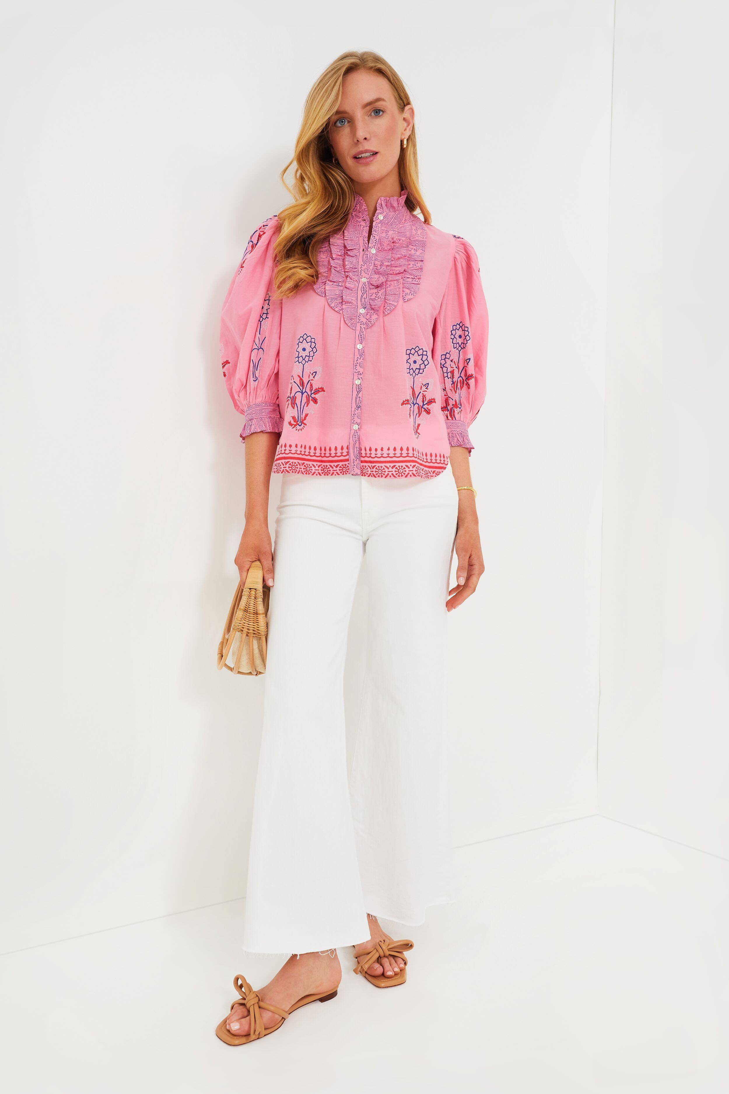 Boca Women's Pink Ruffle Front Button Down Blouse - Elegant Floral Print Casual Shirt for Office, Date Night & Spring Outfits