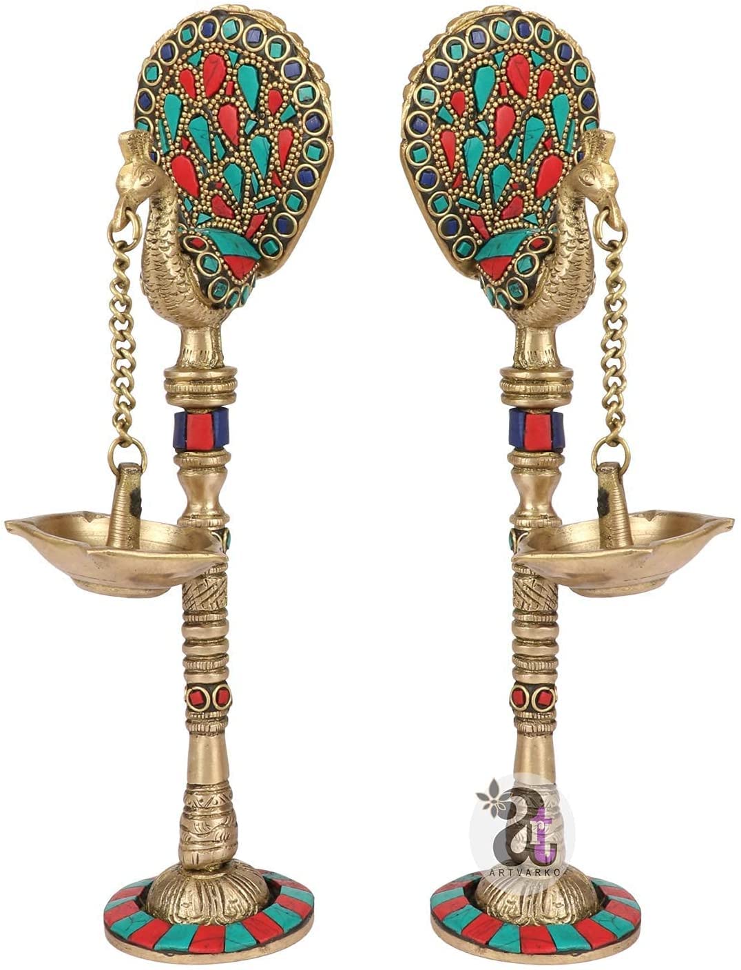 Pink Peony Brass Peacock Hanging Chain Diya Oil Lamp Stand - 9 Inch Handmade Decorative Hanging Lamp for Home Decor, Wedding, Festival & Meditation Room