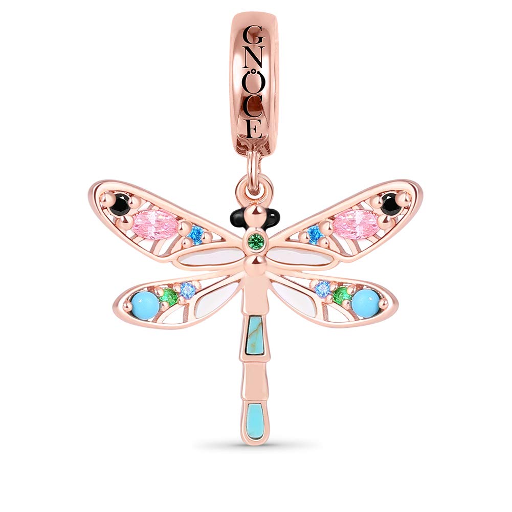 GNOCE Dragonfly Charm Pendant - Sterling Silver 18k Rose Gold Plated Dangle Charm with Turquoise for Women's Bracelet & Necklace | Perfect for Everyday Wear, Gift Giving & Special Occasions