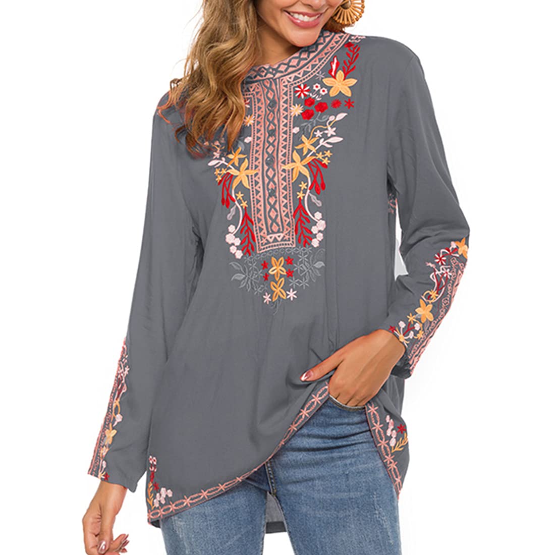 Mexican Boho Embroidered Tops for Women - Long Sleeve Peasant Blouse, Loose Casual Tunic Shirt | Perfect for Fall Fashion, Festival Outfits & Boho Chic Style
