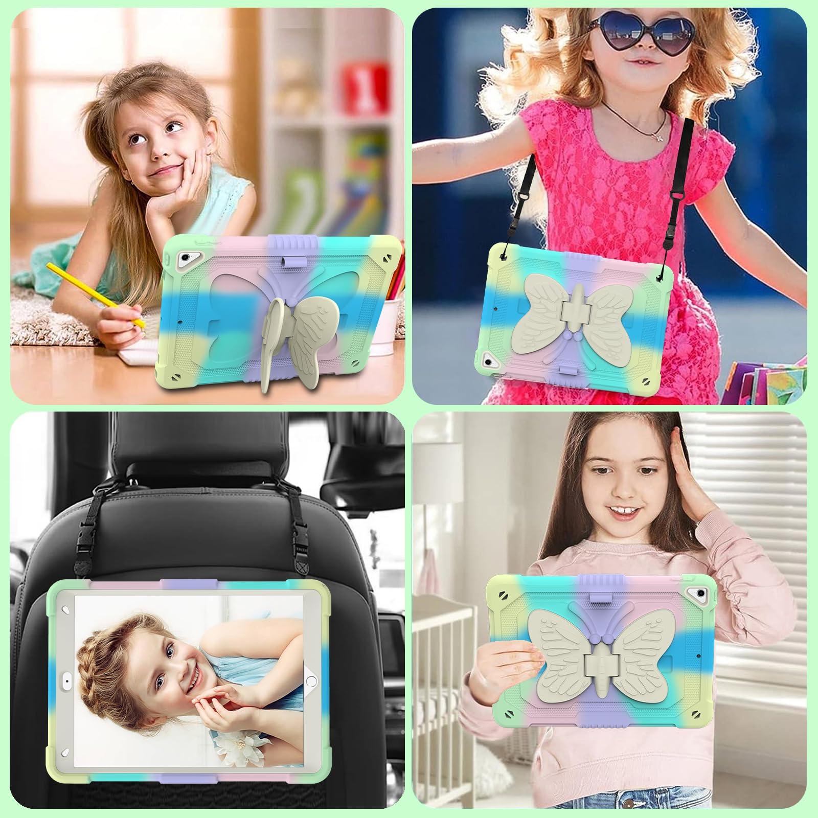Shockproof iPad Case for Kids Girls - Compatible with iPad 9th/8th/7th Gen & iPad Air 3rd Gen (10.2 Inch), Built-in Pencil Holder, Butterfly Stand & Adjustable Shoulder Strap - Full Body Protective Cover (Green) - Perfect for School, Travel & Outdoor Activities