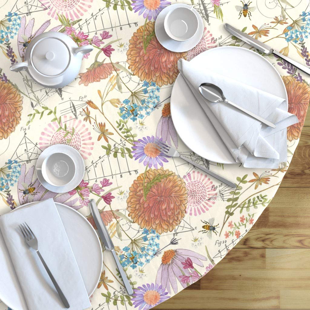 Custom Botanical Floral Bee Print Cotton Sateen Tablecloth - 90 Inch Round Table Cover with Greenery Leaves Design | Perfect for Dining Room Decor, Garden Parties & Spring Weddings