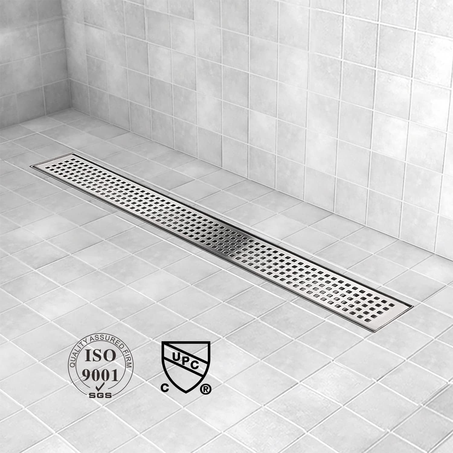 18 Inch AISI 304 Stainless Steel Linear Shower Drain with Removable Grate Cover, Hair Catcher & Leveling Feet - Professional Waterproof Floor Drain for Modern Bathroom & Walk-in Shower Installation