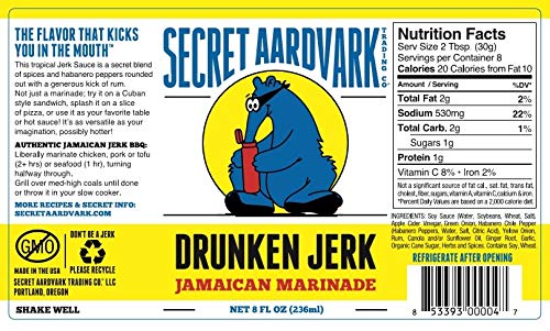 Secret Aardvark Drunken Jerk Hot Sauce - Authentic Jamaican Jerk Sauce & Marinade with Habanero Peppers, Soy Sauce & Caribbean Spices | Non-GMO, Low Carb, Gluten-Free | Perfect for Grilling, BBQ, Chicken Wings & Seafood | 8 fl oz (2-Pack)