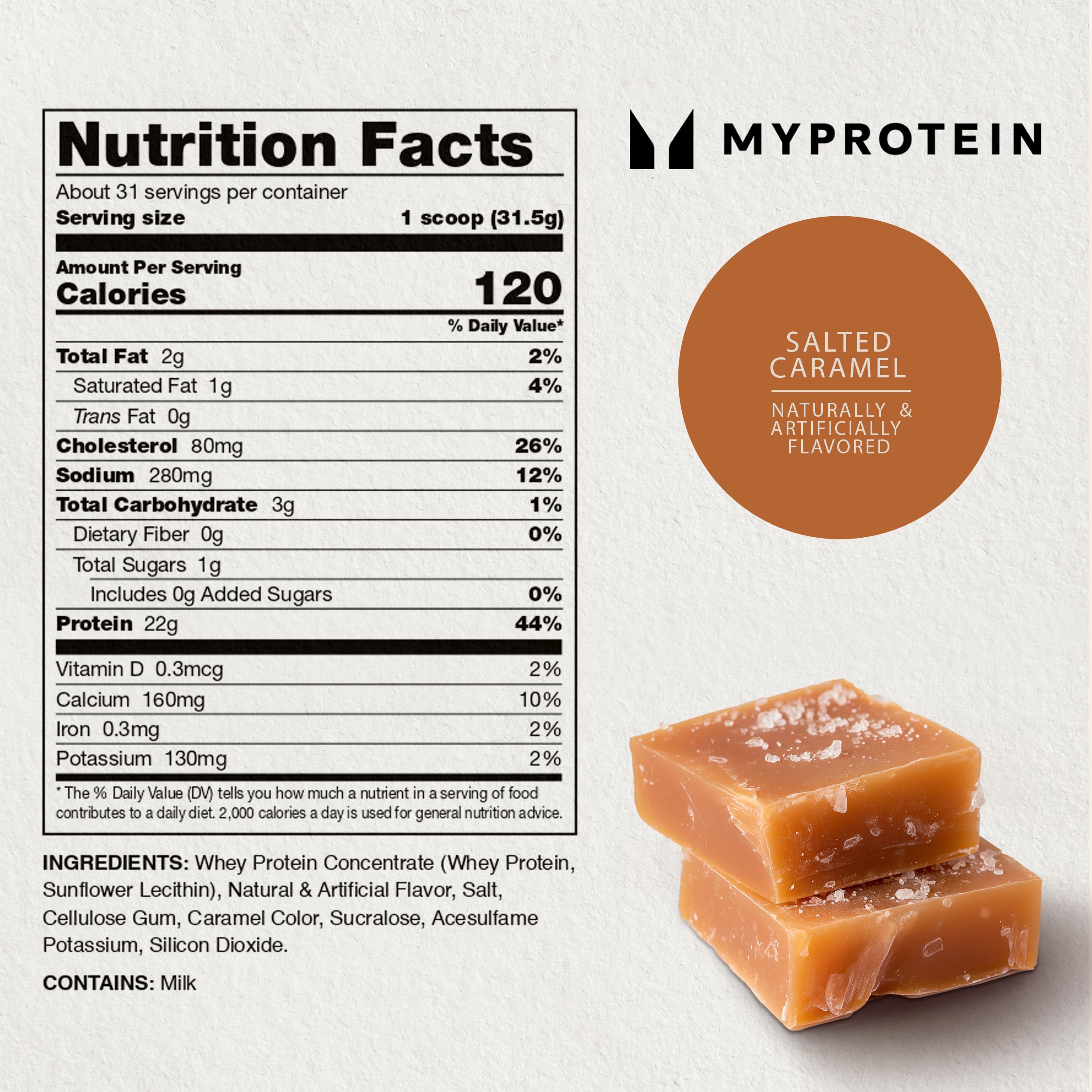 MyProtein Impact Whey Protein Powder - 2.2 Lbs (31 Servings), Salted Caramel Flavor, 22g Protein & 5g BCAA Per Serving - Premium Protein Supplement for Muscle Recovery & Performance - Ideal for Post-Workout Shakes, Smoothies & Fitness Nutrition