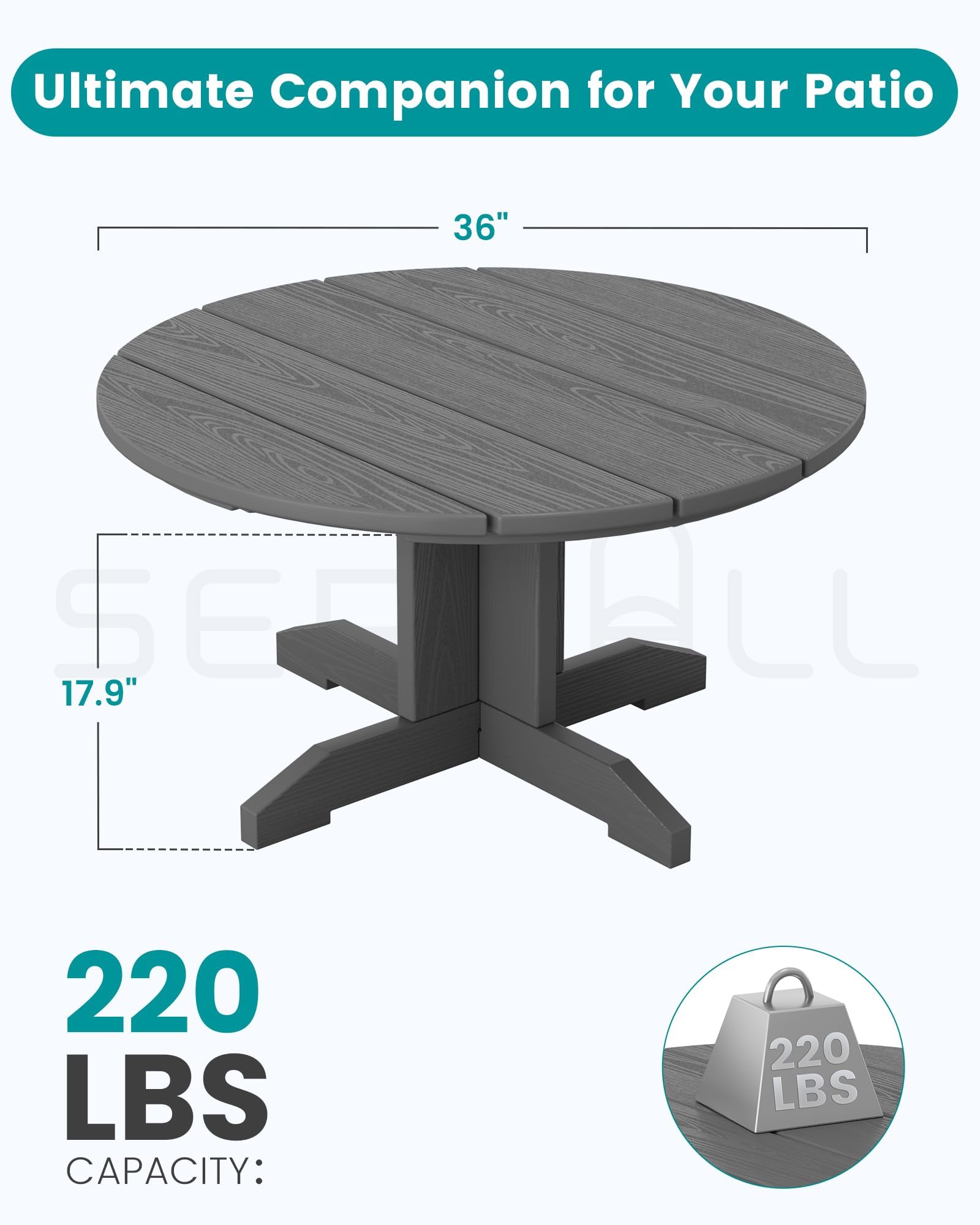 SERWALL Outdoor Round Coffee Table - Weather-Resistant HDPE Patio Table for Balcony, Garden, Backyard - Perfect for Outdoor Entertaining & Relaxation (Grey)