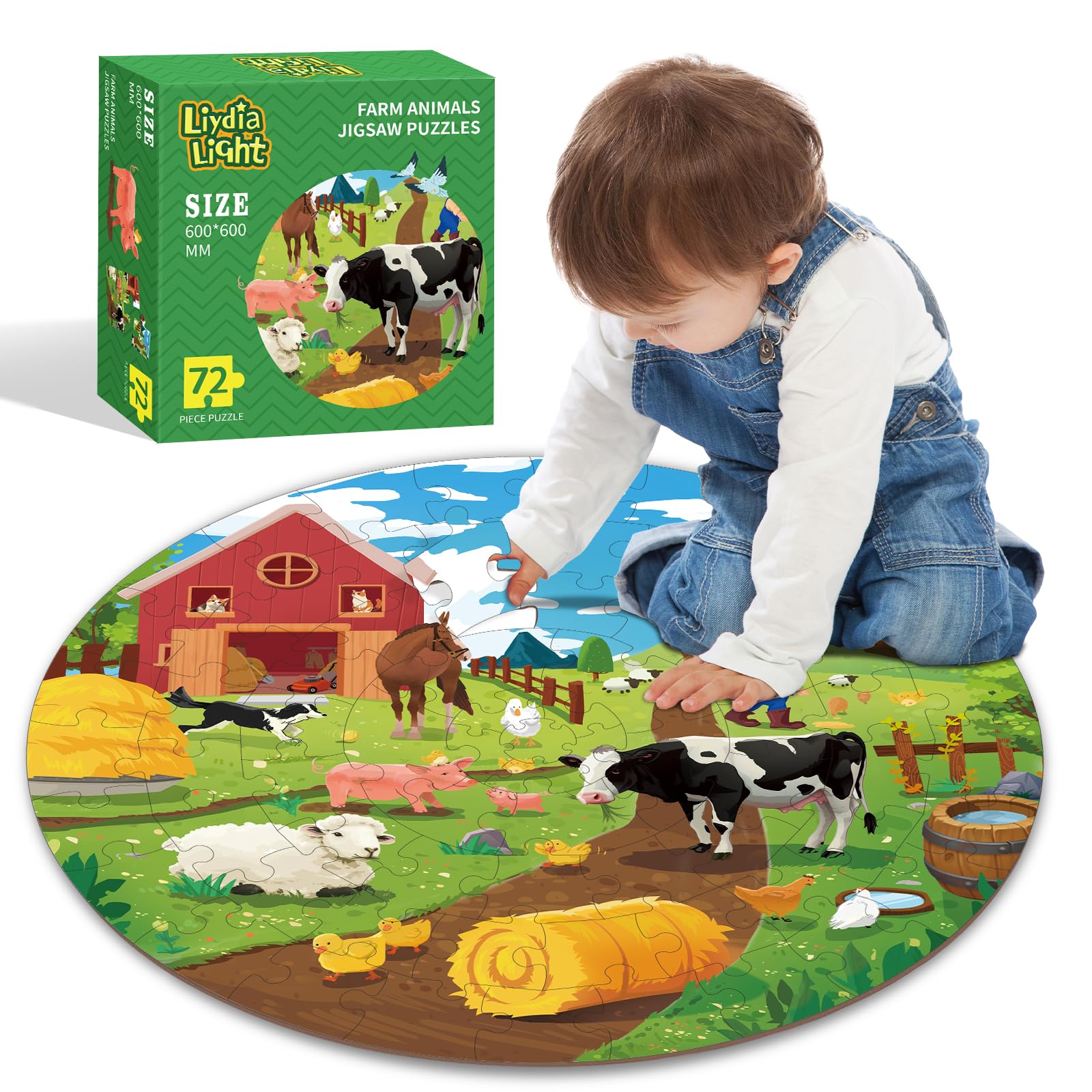 72-Piece Farm Animals Round Jigsaw Puzzle - Large Floor Educational Toy for Toddlers Ages 3-8 | Preschool Learning Activity, Birthday Gift for Boys & Girls | Perfect for Classroom, Playroom & Family Game Night