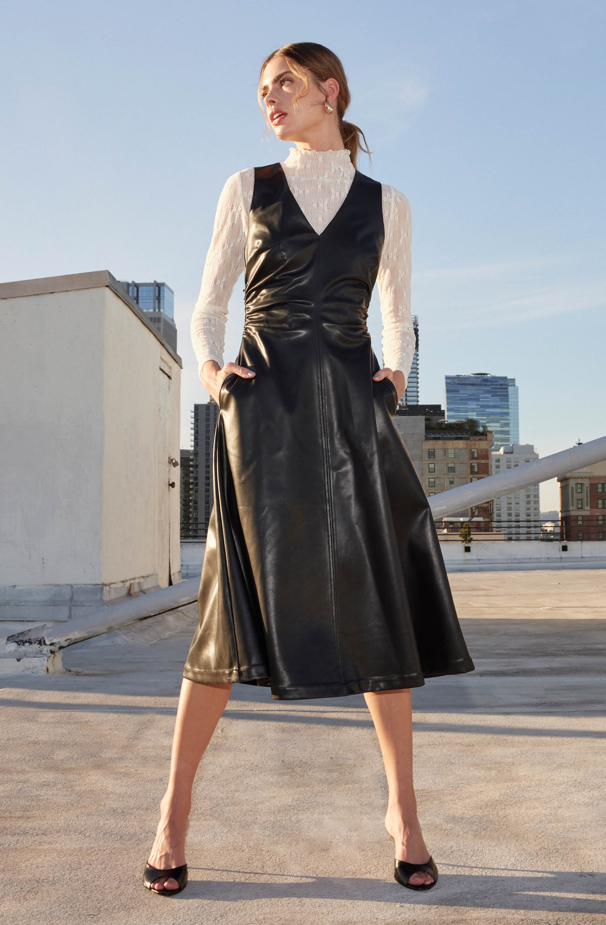 Omaira Faux Leather Midi Dress for Women - Stylish Vegan Leather Party Dress for Night Out, Date Night & Special Occasions