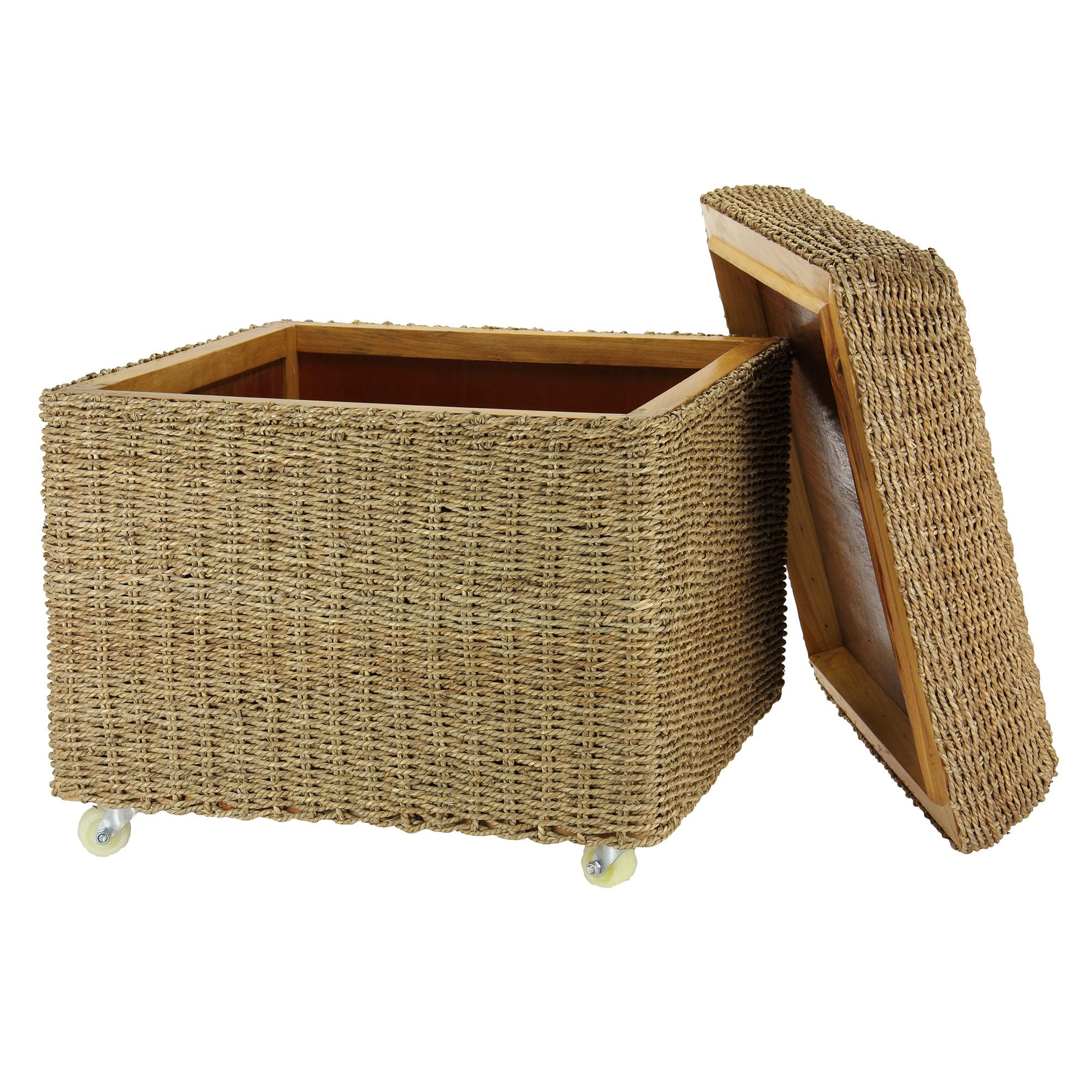 Seagrass Wicker Storage Bench with Wheels - Rolling Storage Ottoman for Living Room, Bedroom & Entryway - Natural Woven Basket Seat with Lid for Blankets, Toys & Home Organization