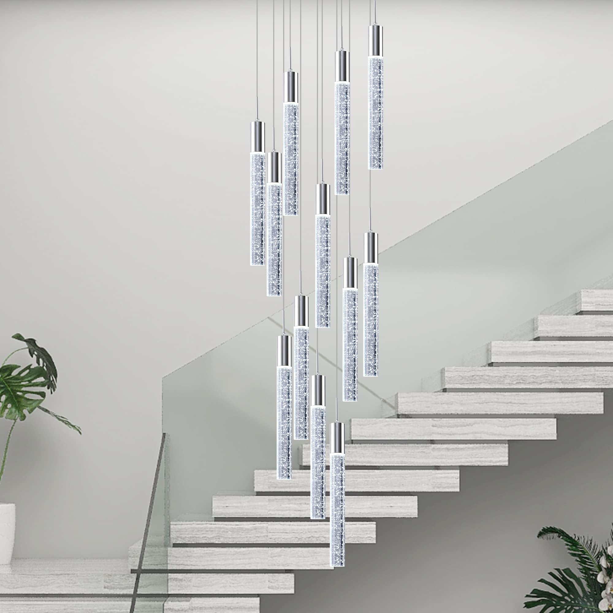 Modern 12-Light Crystal Chandelier for High Ceilings - Large Spiral LED Raindrop Pendant Light with Chrome Finish | Perfect for Foyer, Staircase, Living Room & Dining Room Lighting