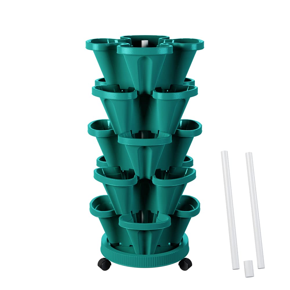 5-Tier Strawberry Vertical Planter Tower Garden with Support Pole - Stackable Indoor/Outdoor Herb & Vegetable Planter in Hunter Green - Perfect for Small Spaces, Balconies & Urban Gardening