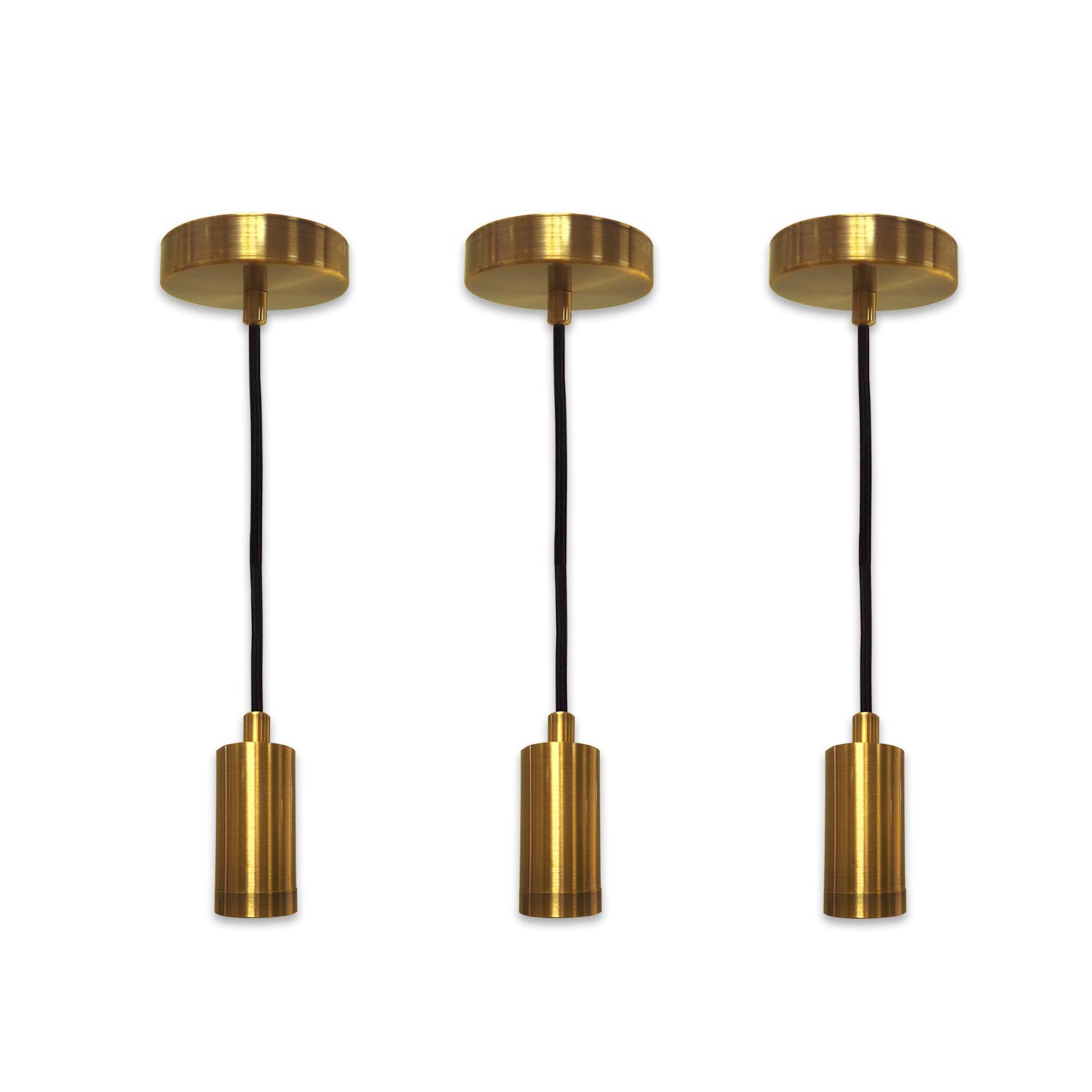 Royal Designs RDI Hanging Pendant Lighting Set of 3 - Keyless Cone-Shaped Pendant Light Socket with Antique Brass Canopy & Brown Rayon Fabric Cord - Perfect for Kitchen Island, Dining Room, or Bedroom Lighting