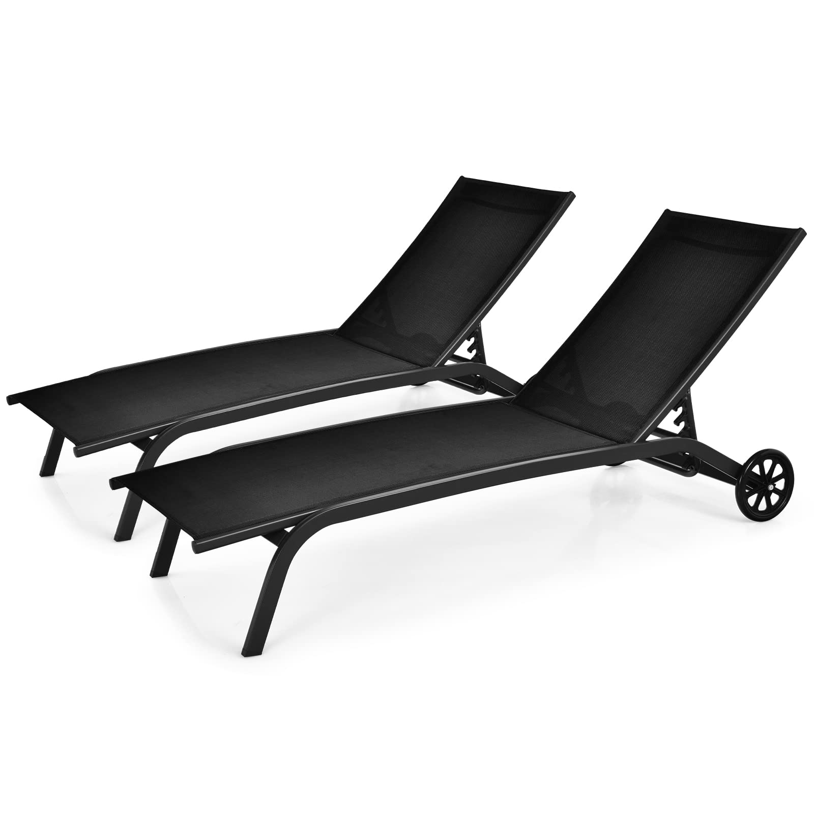 Tangkula 6-Position Adjustable Outdoor Chaise Lounge Chair - Breathable Fabric Patio Recliner with Smooth Wheels - Black (Set of 2) - Perfect for Poolside, Backyard, Beach & Garden Relaxation