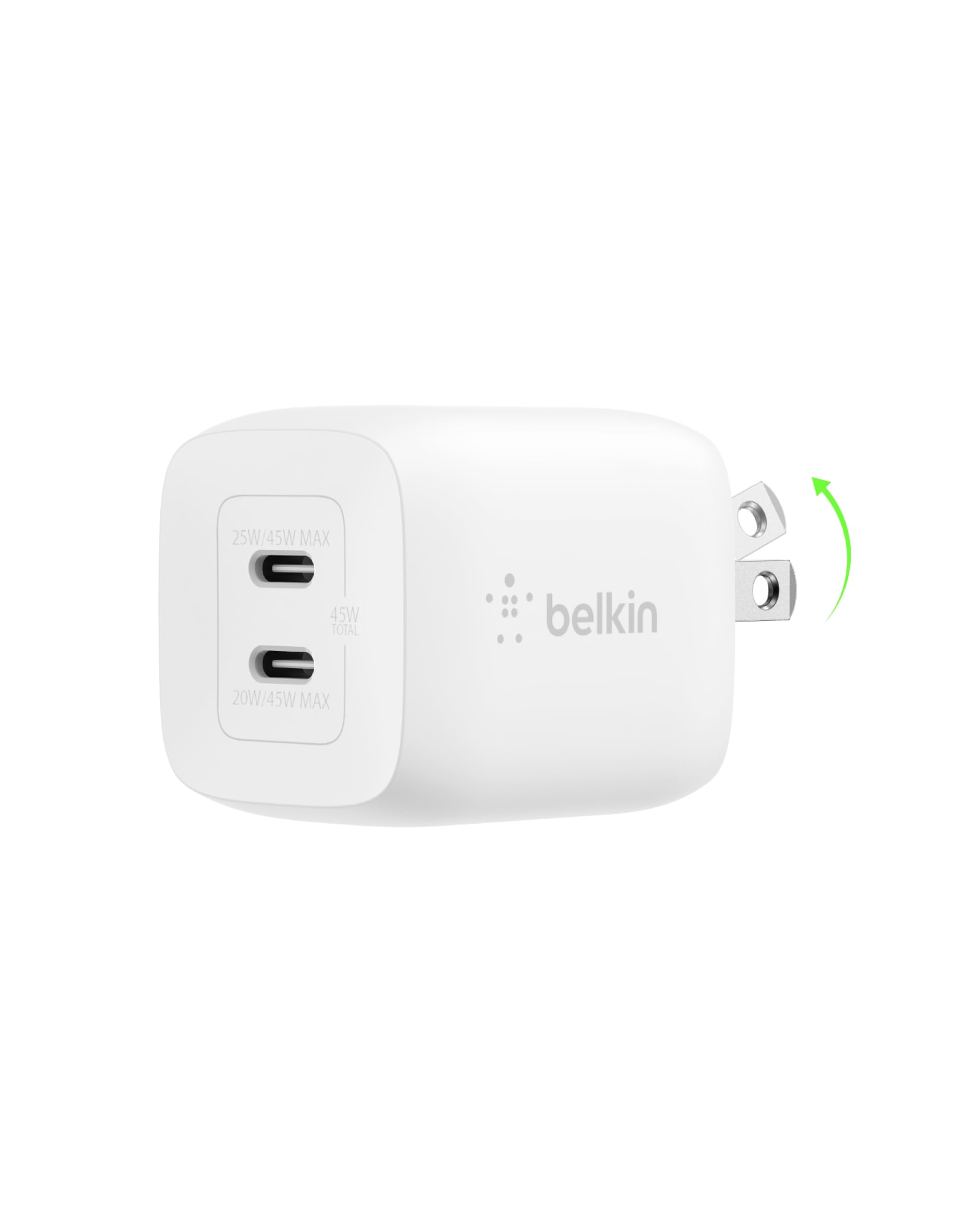 Belkin 45W GaN Dual USB-C Wall Charger - Fast Charging PD 3.0 for iPhone 16/15/14/13 Series, iPad, MacBook, Galaxy S25/S24 & More - Compact White Charger for Home, Office & Travel