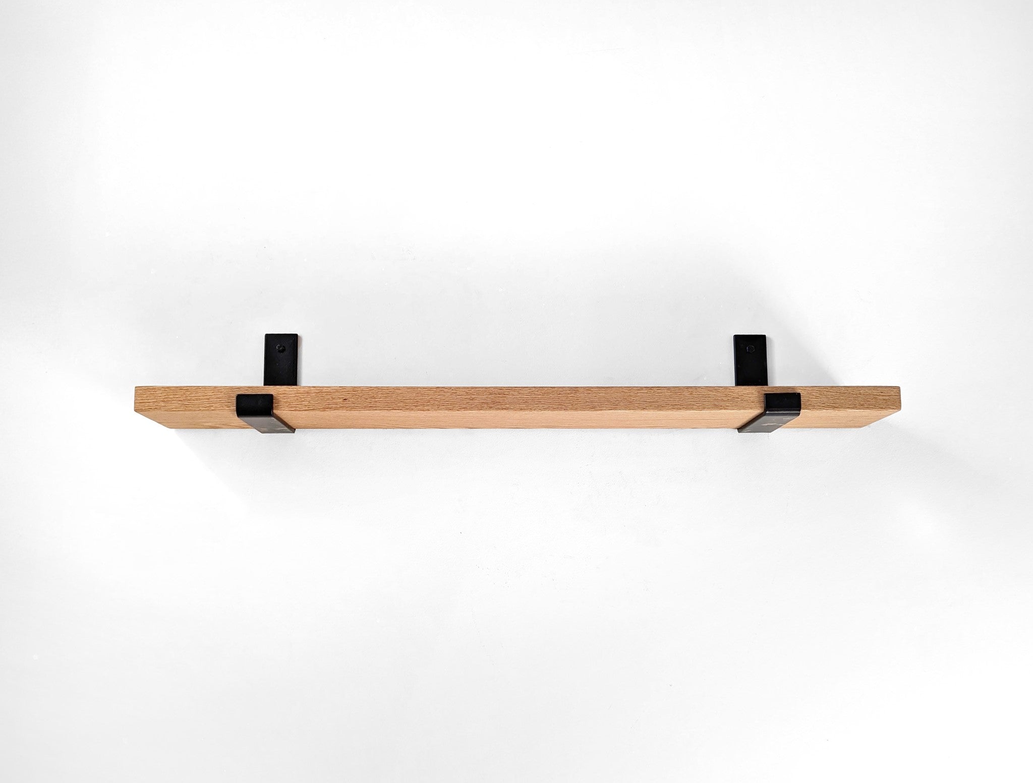 Sturdy Oak Wood Shelf with Black Steel J Brackets - Heavy Duty Floating Shelves for Living Room, Kitchen, or Office Storage