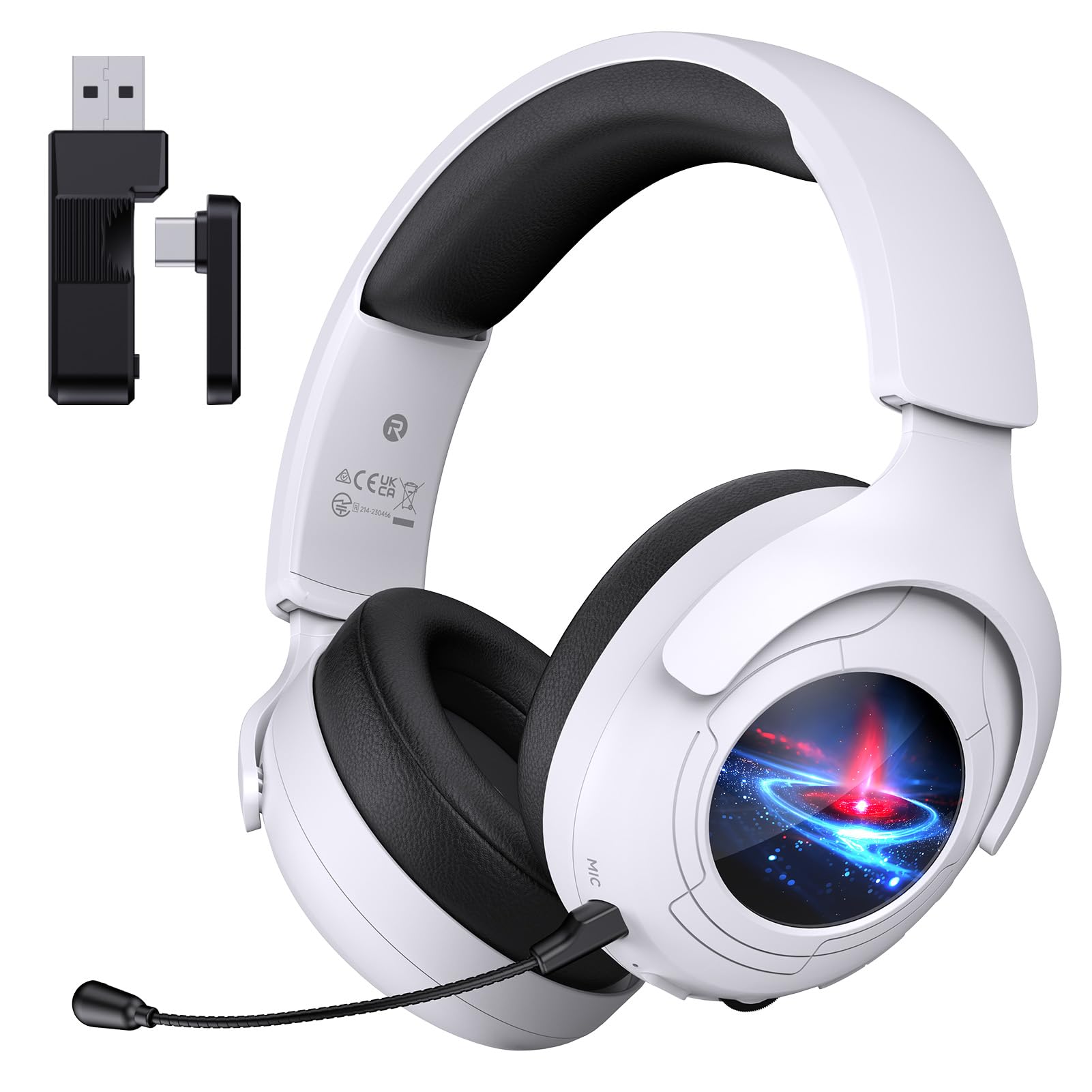 2.4GHz Wireless Gaming Headset for PS5, PS4, PC, Nintendo Switch - Bluetooth 5.3 Headphones with Noise Cancelling Mic, 45+ Hour Battery, Deep Bass & RGB Lighting (White) - Perfect for Fortnite, Starfield, FPS Games & Competitive Gaming