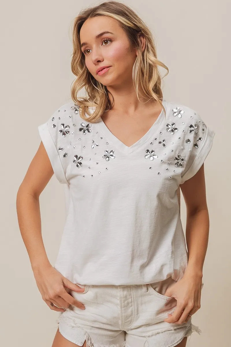 BiBi Slub Jersey Rhinestone V Neck Top - Women's Fashion Blouse for Party & Evening Wear - Elegant & Stylish Casual Outfit
