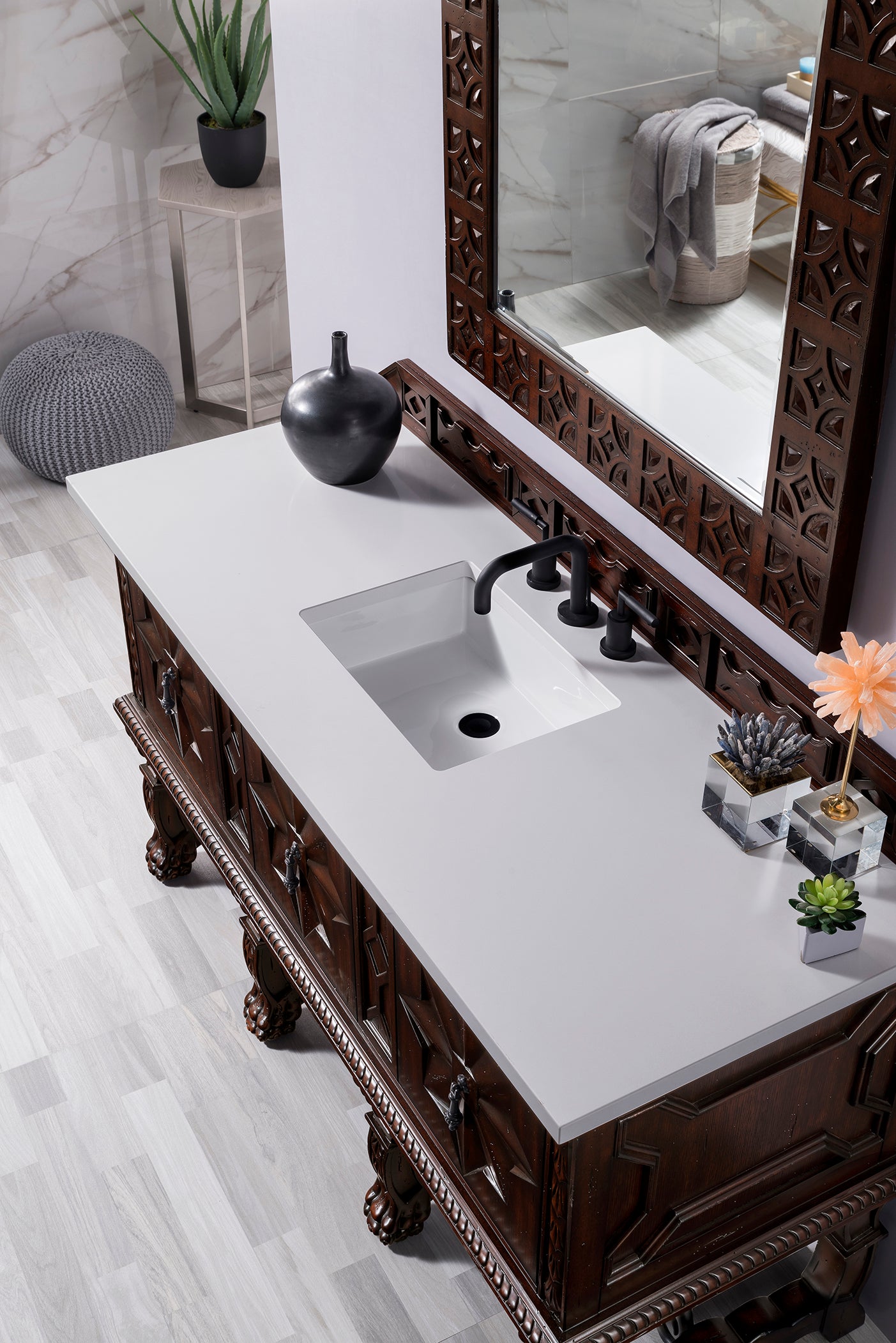 Balmoral 60 Inch Single Bathroom Vanity Cabinet in Antique Walnut with 3CM Classic White Quartz Countertop - Perfect for Modern Farmhouse & Traditional Bathroom Designs