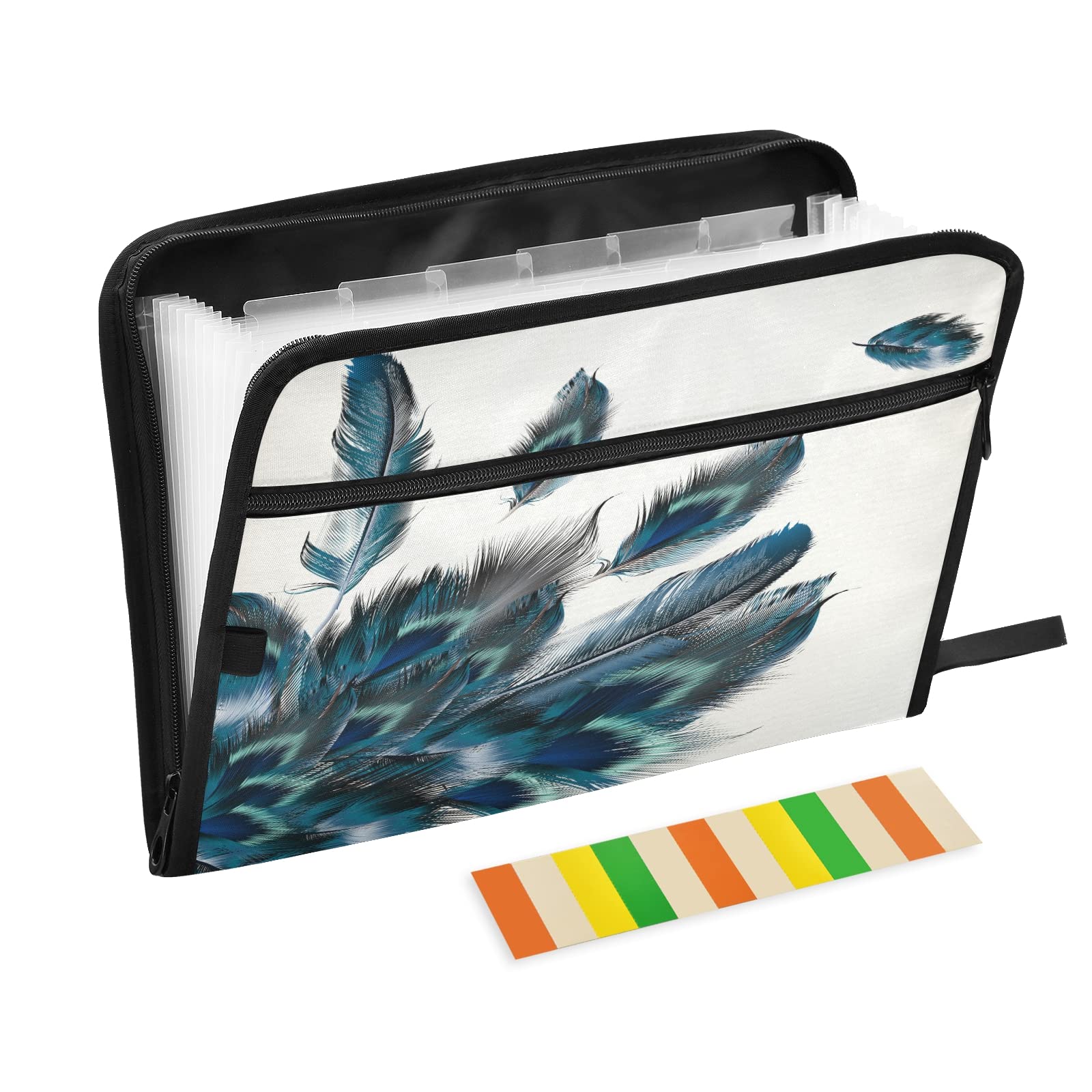 Peacock Feather Design 13-Pocket Expanding File Folder with Zipper - Letter Size & A4 Document Organizer for Home, Office, School - Perfect for Bills, Receipts, Tax Papers, and Important Documents Storage
