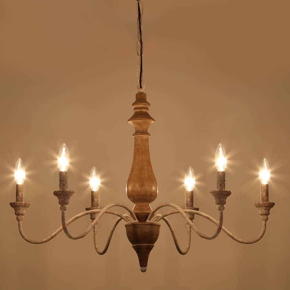 French Country 6-Light Farmhouse Chandelier - Rustic Wood Finish Candle-Style Lighting Fixture for Dining Room, Living Room, Bedroom, Kitchen & Stairway - 29.5