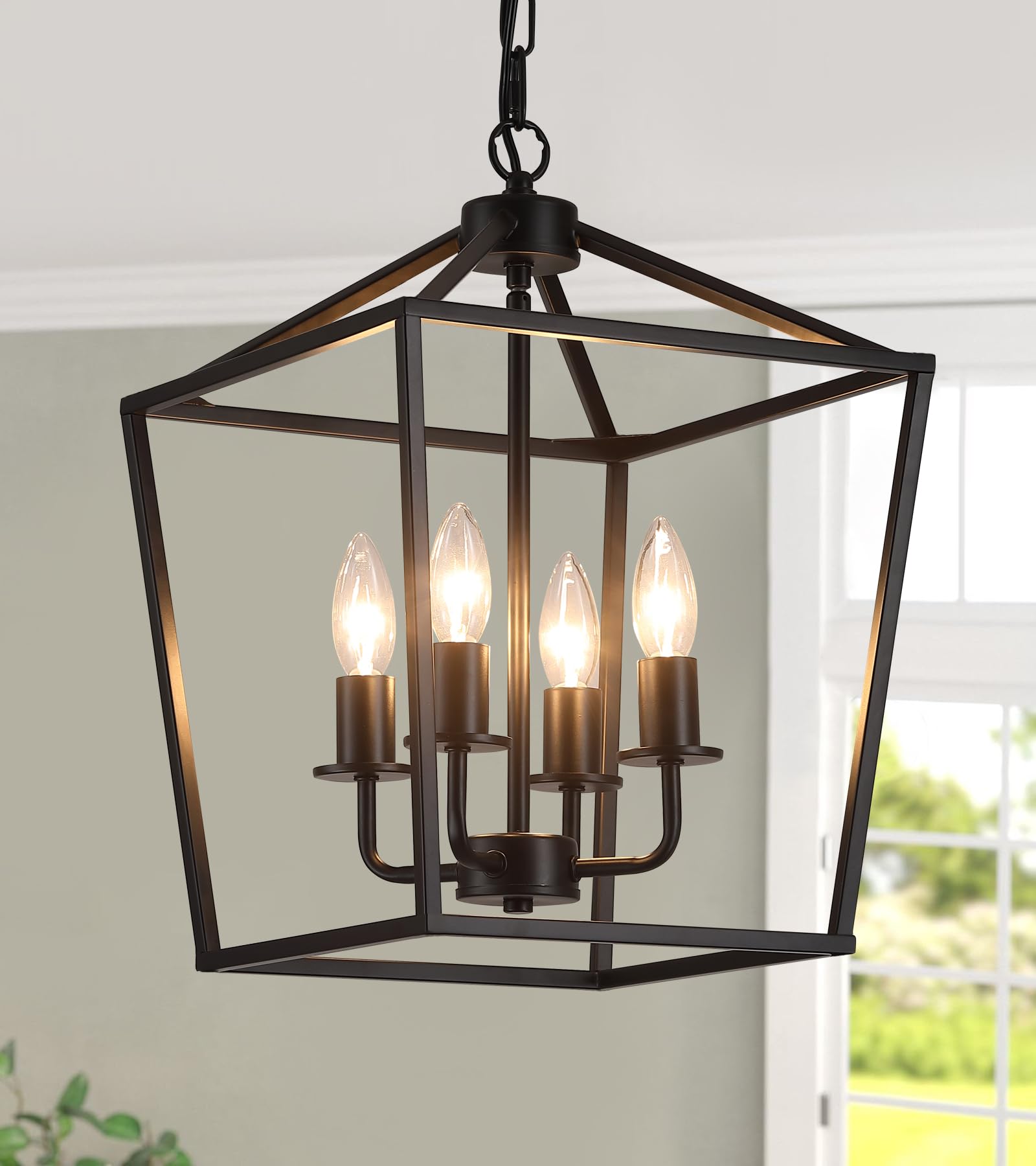 UL Listed Black Industrial 4-Light Lantern Chandelier - Farmhouse Metal Cage Rustic Geometric Pendant Ceiling Light Fixture for Kitchen Island, Entryway, Dining Room, Stairs & Hallway - Perfect for Vintage Home Decor & Commercial Spaces