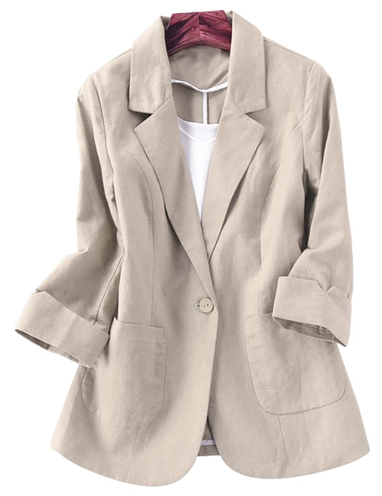 Women's Cotton Linen Blazer - Casual 3/4 Sleeve Open Front Jacket for Office, Summer & Spring Outfits | Breathable Lightweight Linen Coat