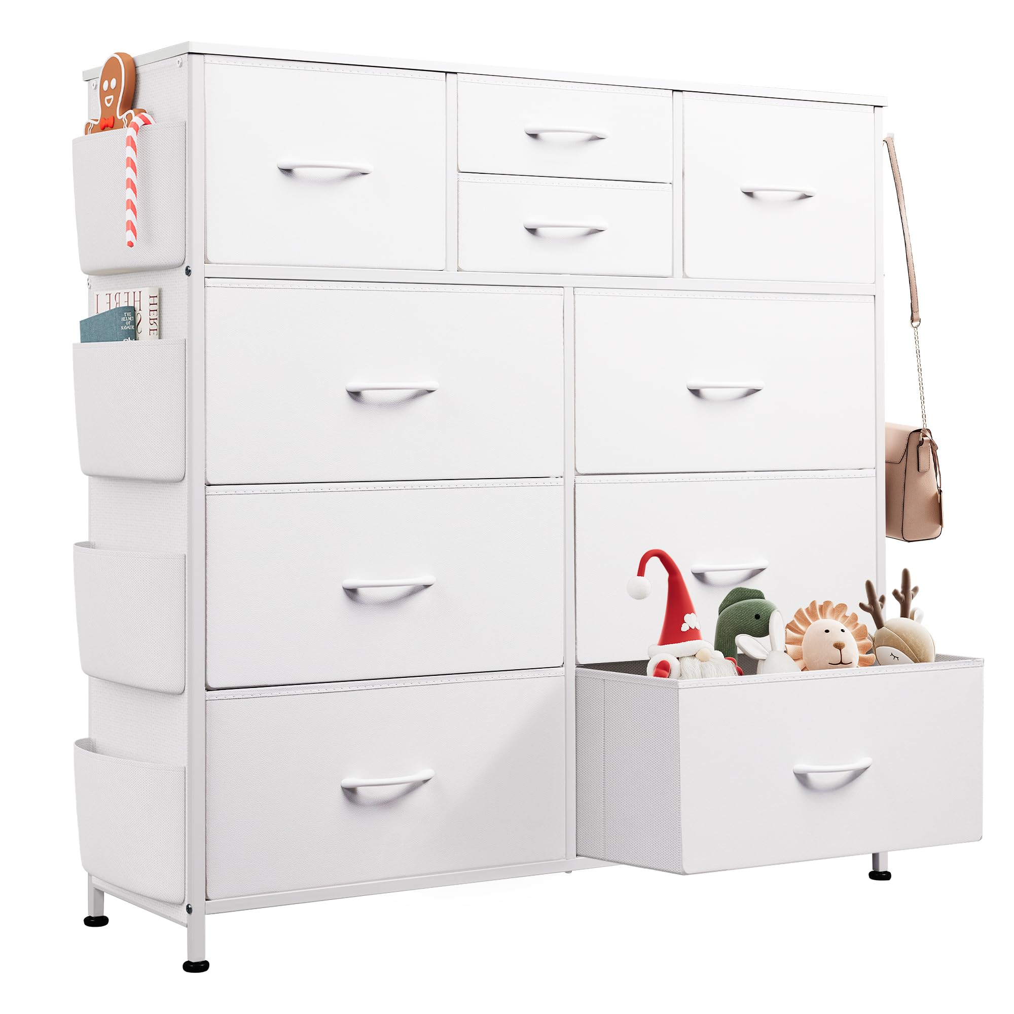 WLIVE 10-Drawer White Dresser for Bedroom - PU Storage Chest with Side Pockets & Hooks, Sturdy Metal Frame Dresser Organizer - Perfect for Bedroom, Living Room, Hallway & Closet Storage Solutions