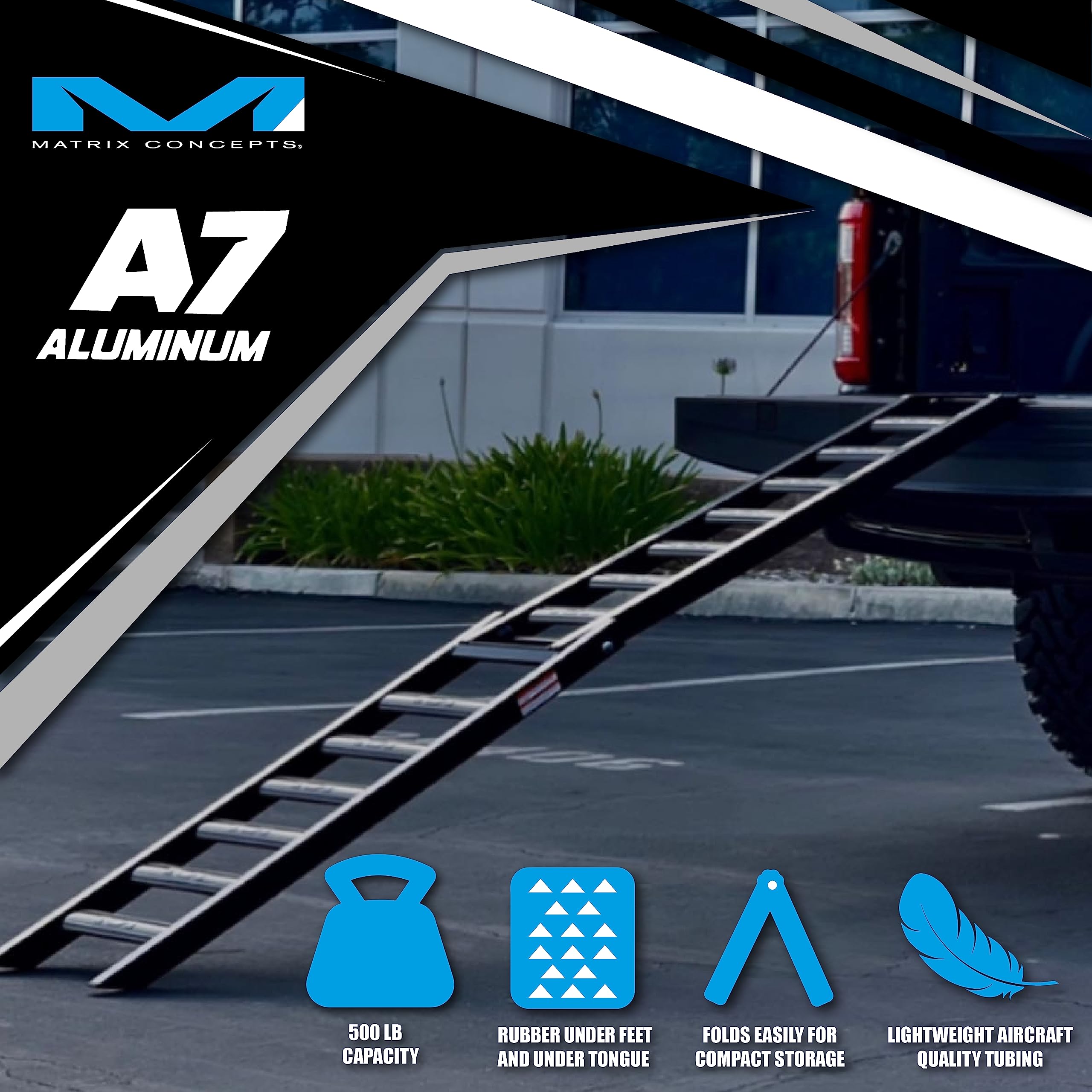 Matrix Concepts A7 Folding Ramp - 500 lbs Capacity Aircraft Aluminum Ramp for Dirt Bikes, ATV & UTV - Lightweight & Durable with Sticker Pack (Black/White) - Perfect for Loading Motorcycles, ATVs & Utility Vehicles