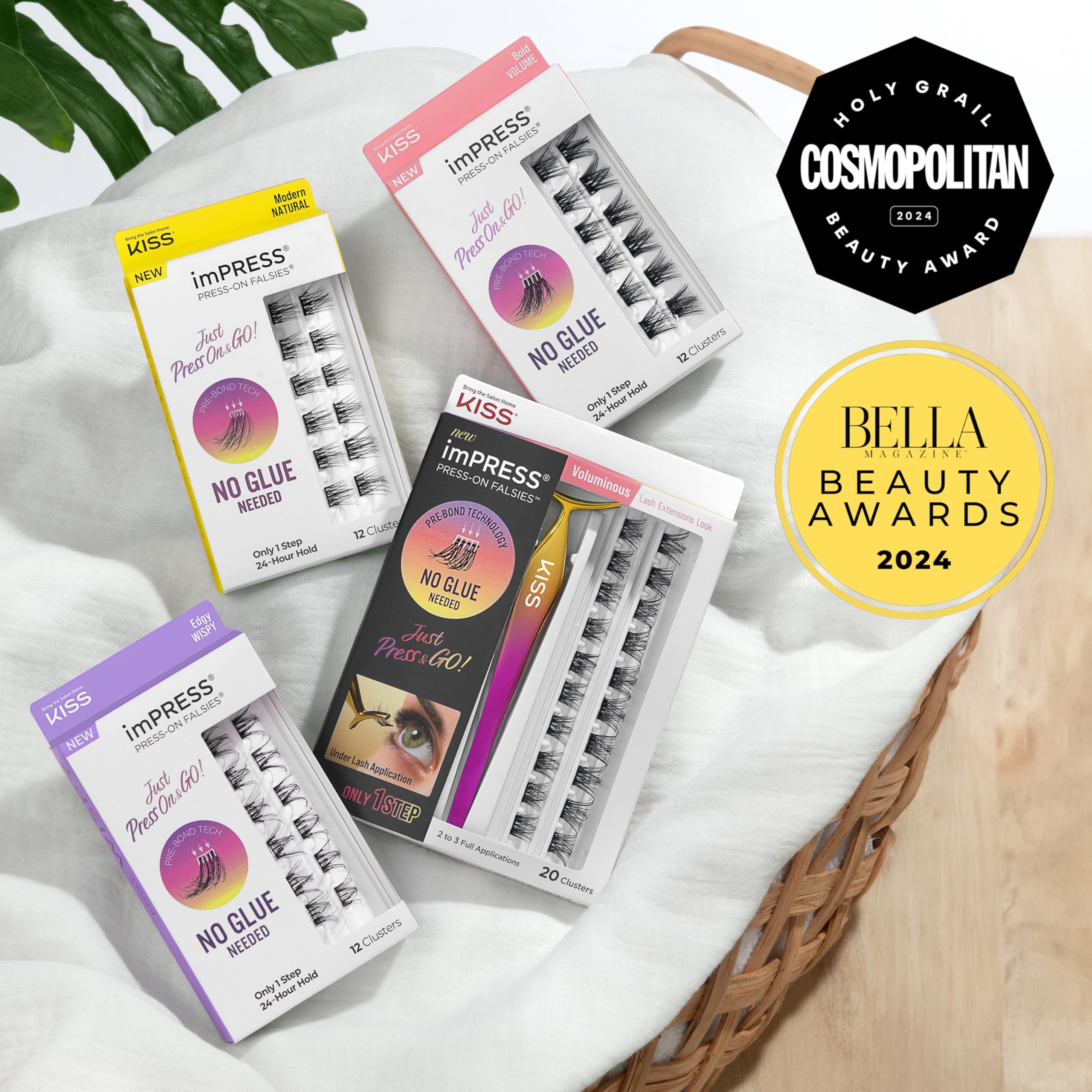 KISS imPRESS Falsies Press On Self Adhesive Eyelashes - 10mm-12mm Natural Volume Lashes, Black, No Glue Needed, Invisible Band, 12 Lash Clusters - Classy & Easy to Apply for Everyday Wear & Special Occasions