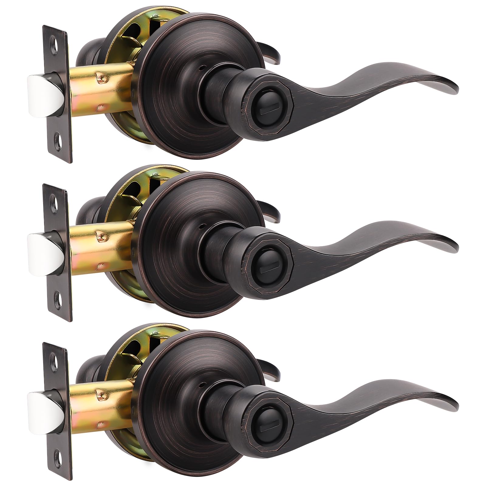 Probrico (3 Pack) Privacy Door Lever with Thumb Turn Lock - Keyless Oil Rubbed Bronze Wave Door Handle Set for Bedroom & Bathroom Doors - Reversible Right/Left Handed - Perfect for Home Privacy & Security