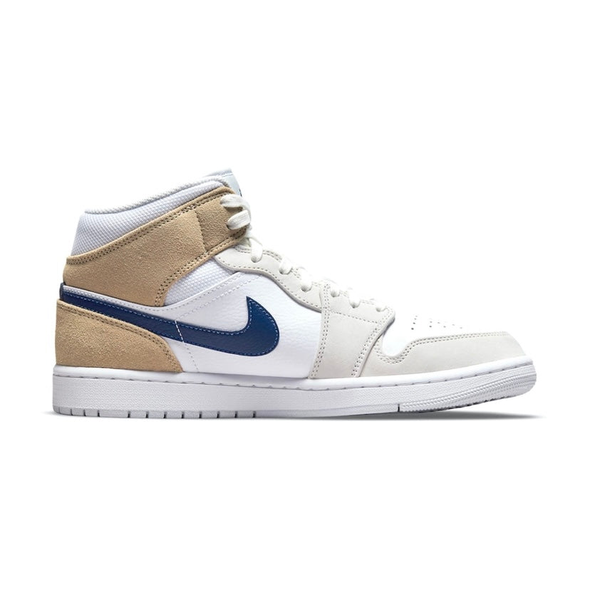 Air Jordan 1 Mid Sneakers - Tan Suede & White Leather with Blue Void & Team Red Accents | Men's Basketball Shoes for Casual Wear & Street Style