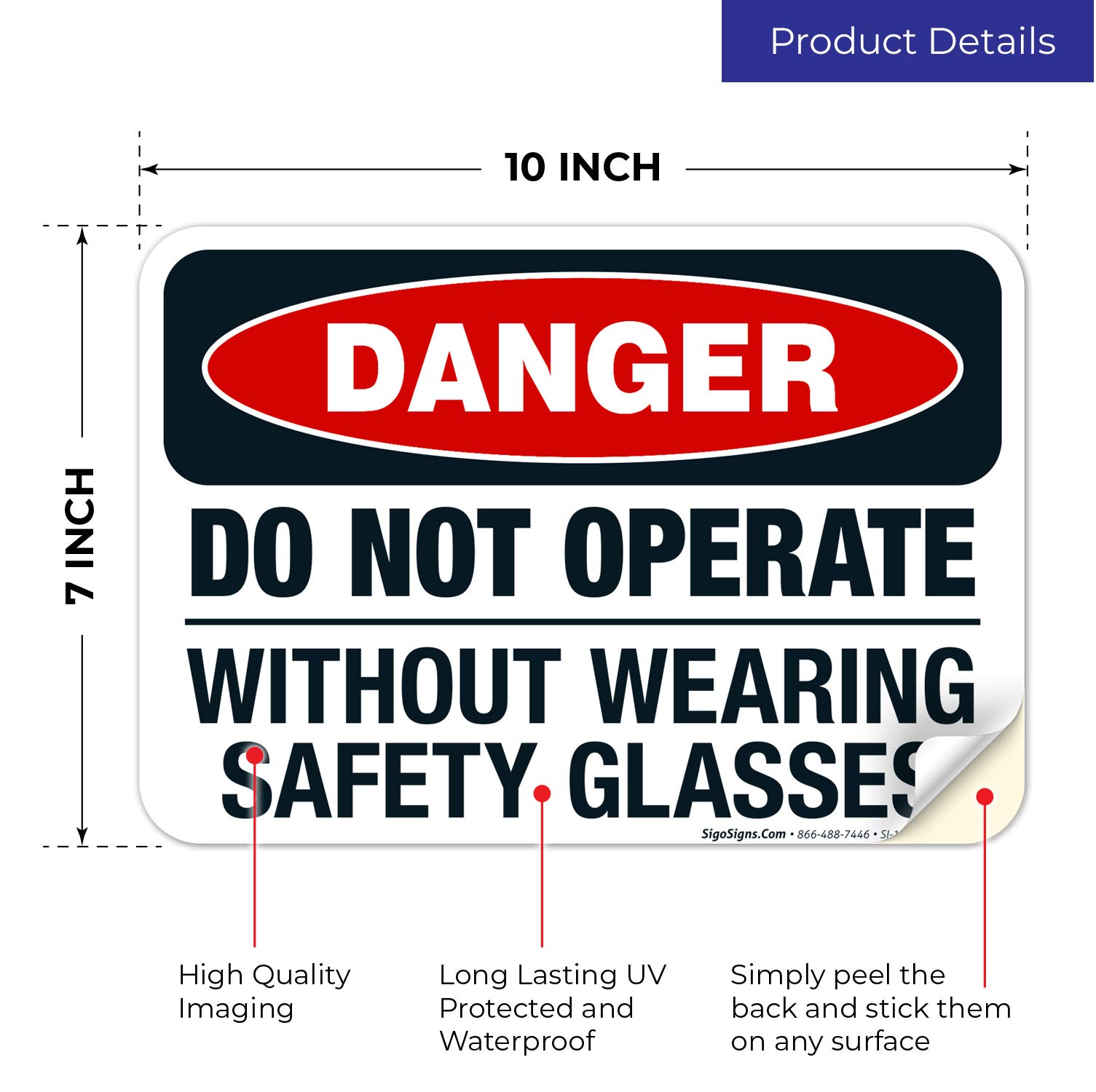 Danger Do Not Operate Without Safety Glasses Sign - OSHA Compliant 10x7 Inch Vinyl Decal | Weatherproof, UV Resistant & Long Lasting (Made in USA) | Perfect for Workshops, Factories & Construction Sites