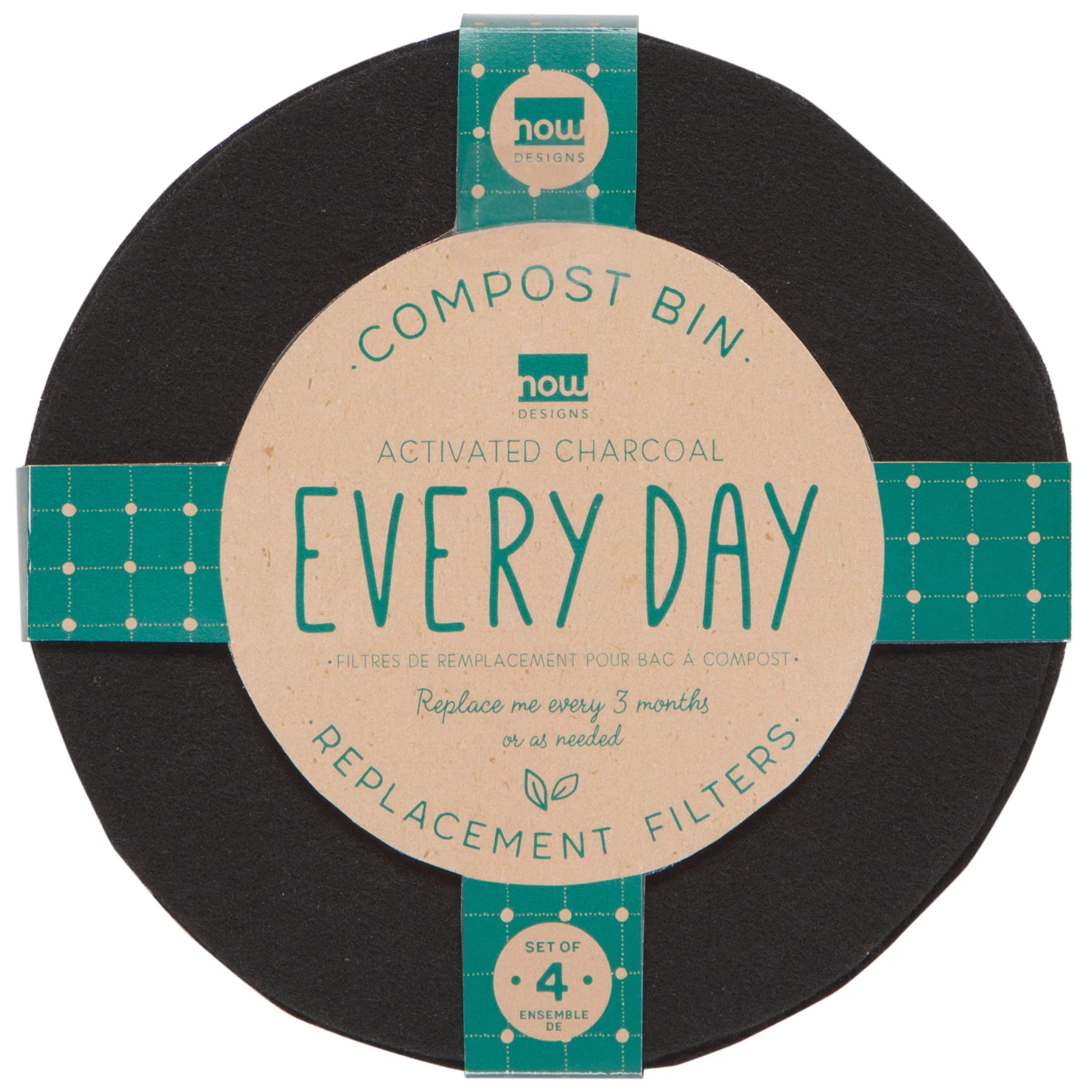 NOW Designs Compost Bin Activated Charcoal Filters - Set of 4 | Odor Eliminator for Kitchen Countertop, Under Sink & Indoor Composting | Eco-Friendly & Reusable